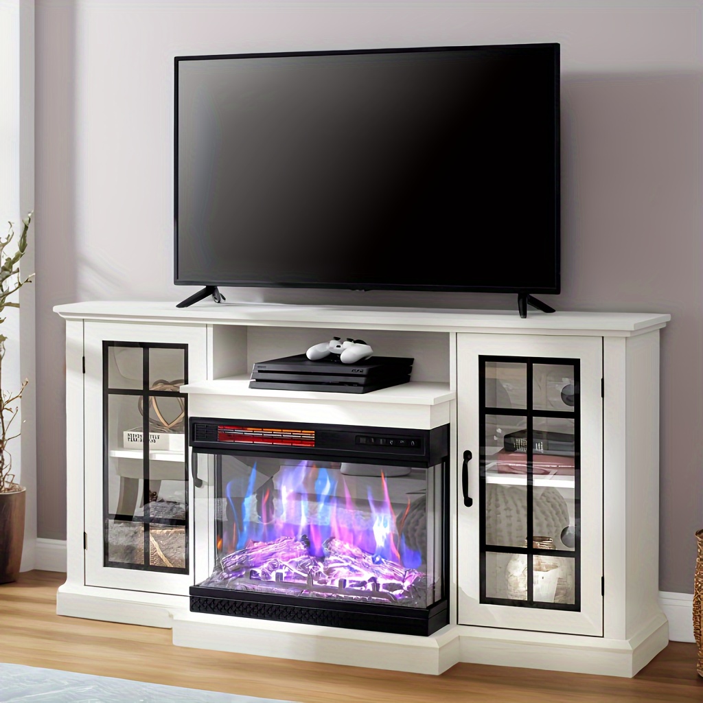 75inch TV cabinet with a three-sided glass electric fireplace, media entertainment center, farmhouse-style glass door storage cabinet, and a tabletop table for the TV.