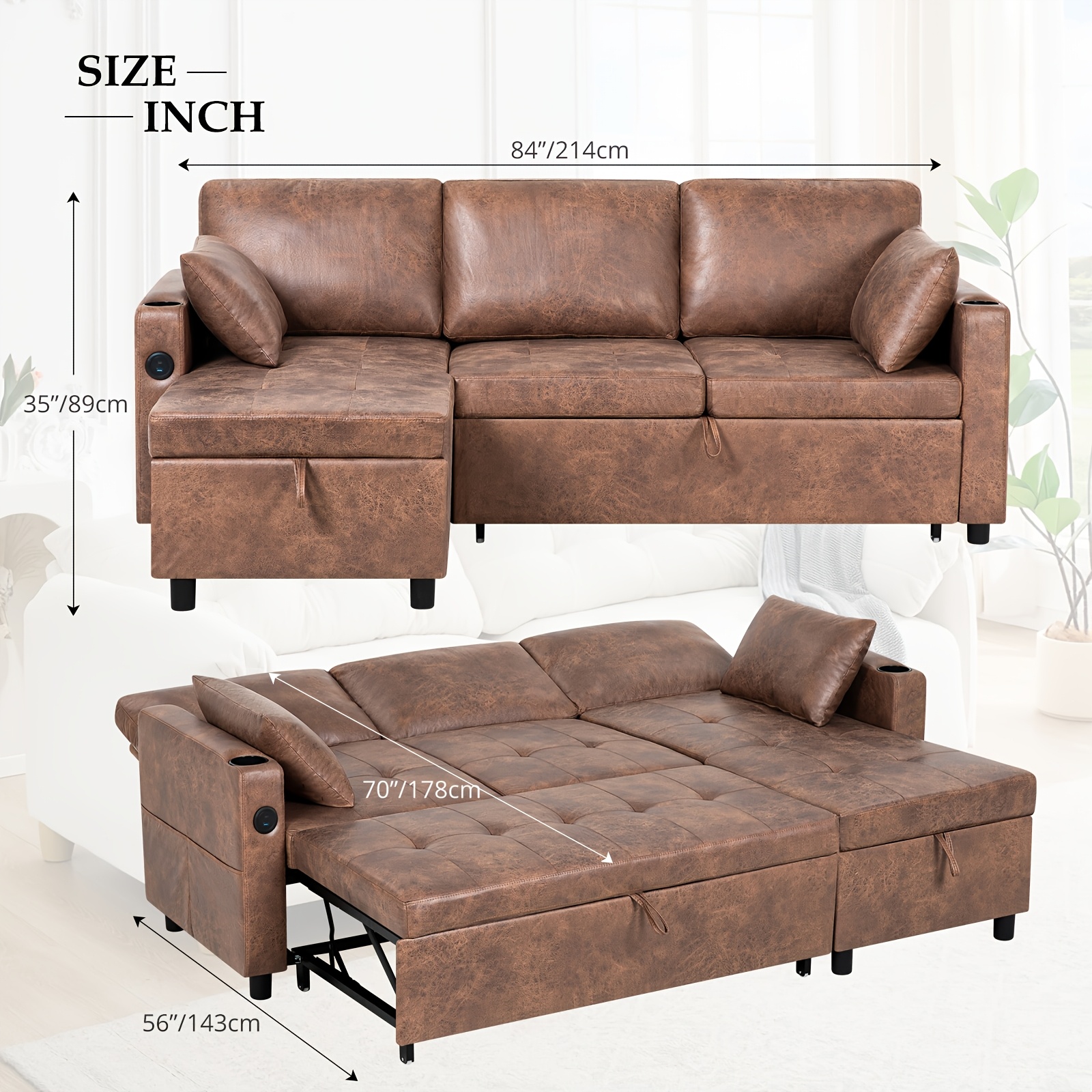 ACMEASE 84inch L-shaped pull-out sofa bed with adjustable backrest (with storage ottoman), synthetic suede fabric sofa with cup holders, modern modular sofa with storage side pockets and tufted cushions, suitable for living rooms and apartments