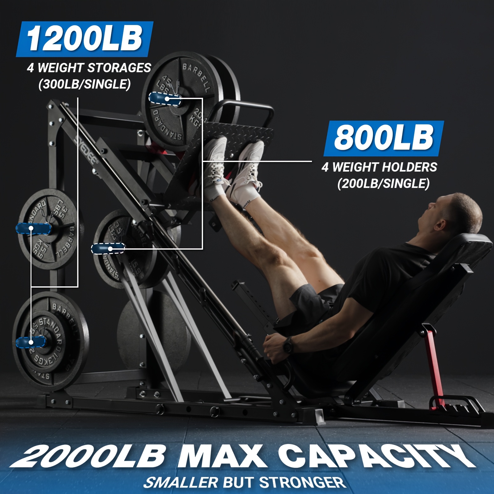 Leg press machine, 1500-pound weight capacity adjustable leg machine, with resistance band pegs and plate storage, exercise equipment for strength training