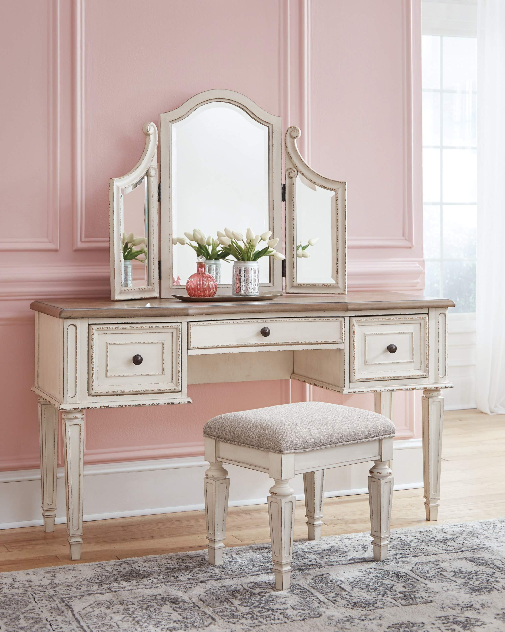 Traditional Cottage 3 Drawer Vanity Set with Dovetail Construction, Mirror & Stool Included