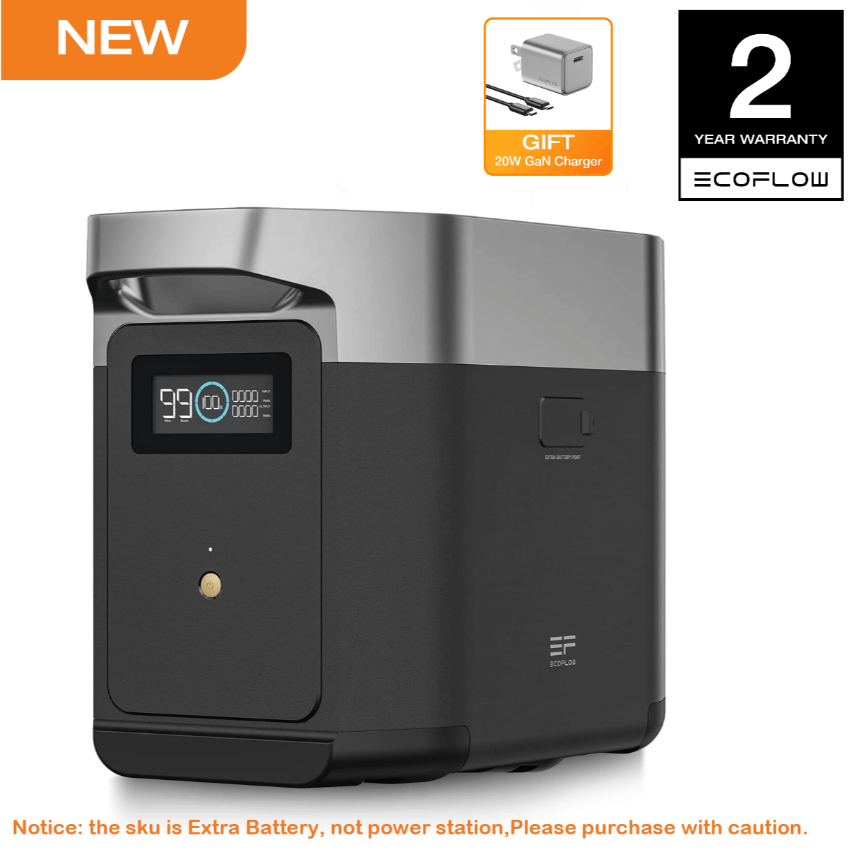 EcoFlow 20W GaN-C fast charger, with ECOFLOW DELTA 2 smart expansion battery, 1024Wh LiFePO4 expansion battery, suitable for DELTA 2 power station (expansion battery only, power station not included)
