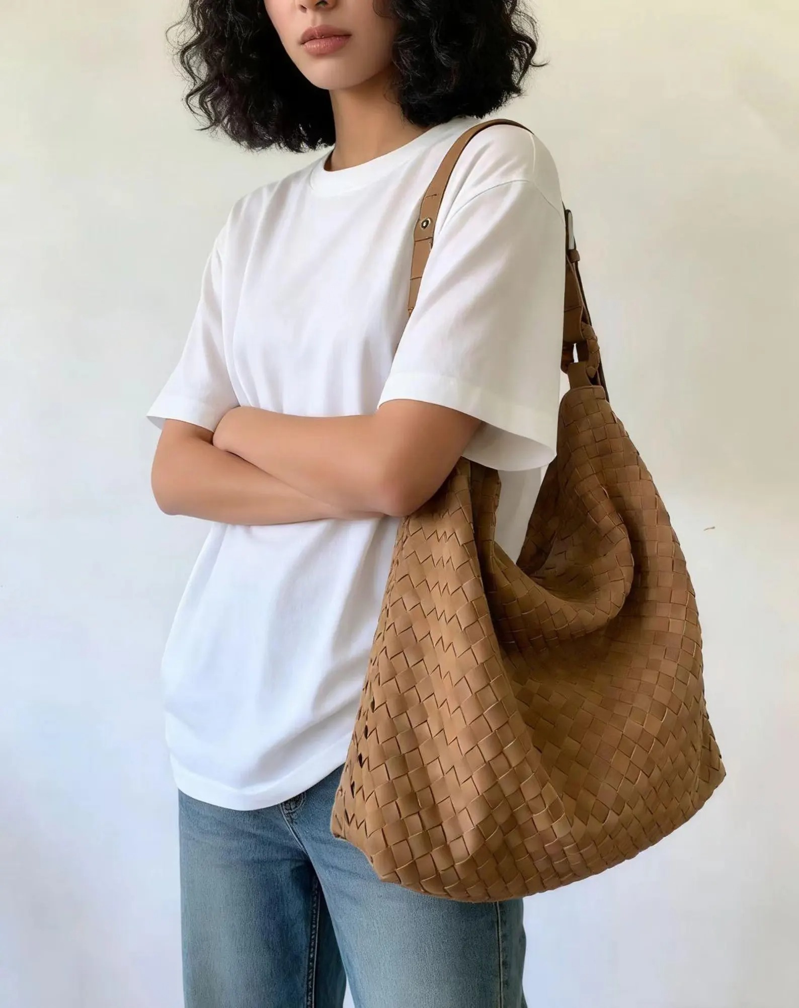 Hand-Woven Leather Slouch Hobo Bag