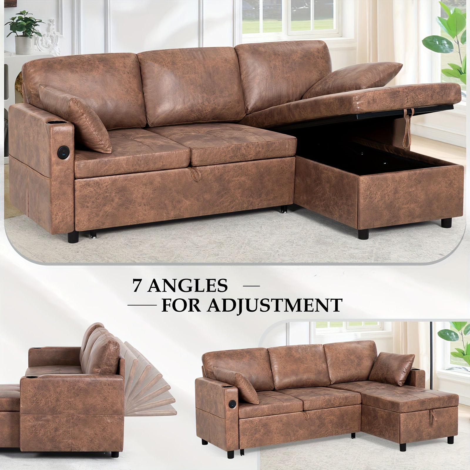 ACMEASE 84inch L-shaped pull-out sofa bed with adjustable backrest (with storage ottoman), synthetic suede fabric sofa with cup holders, modern modular sofa with storage side pockets and tufted cushions, suitable for living rooms and apartments