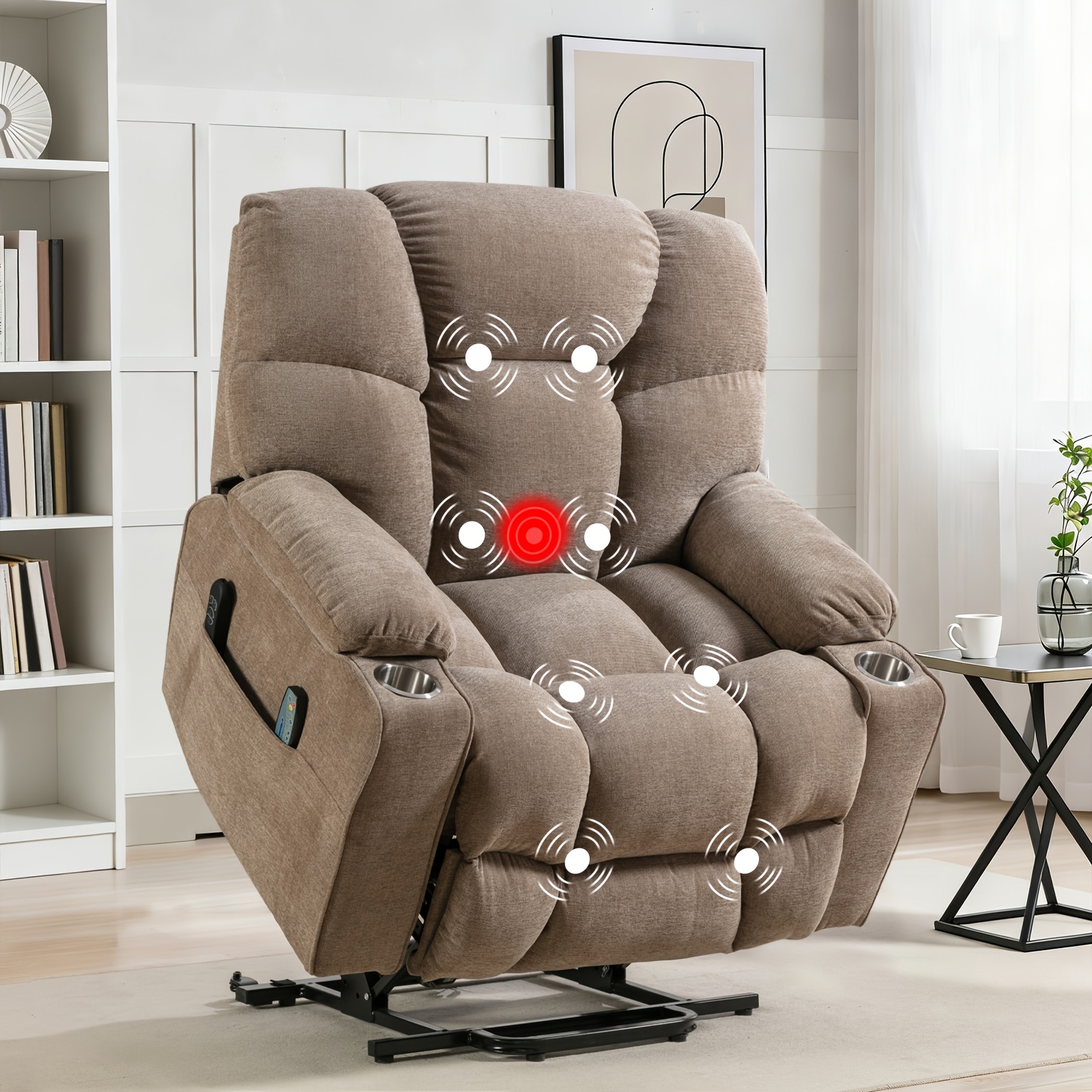 Large dual-motor electric lift recliner with heating and massage functions, a comfortable electric lift recliner designed for the elderly, zero-gravity recliner equipped with 2 cup holders and a phone pocket, gray