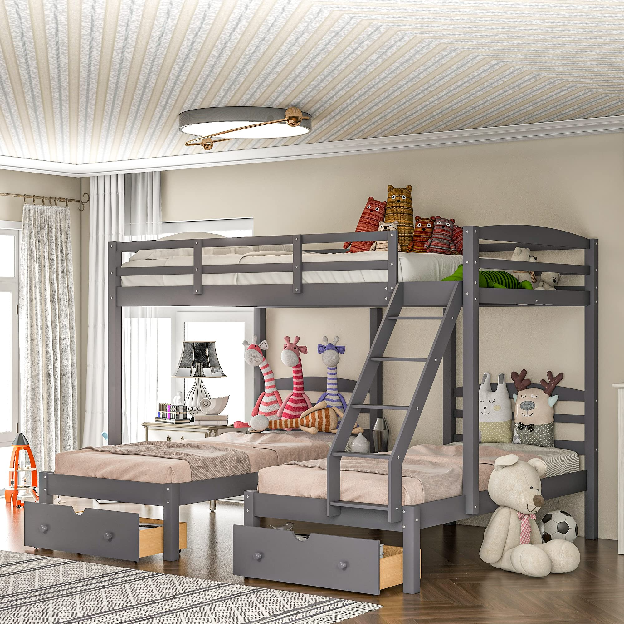 Triple Bunk Bed Full Over 2 Twin Bunk Bed with 3 Drawers & Guardrails, Bunk Bed for Family, Teens