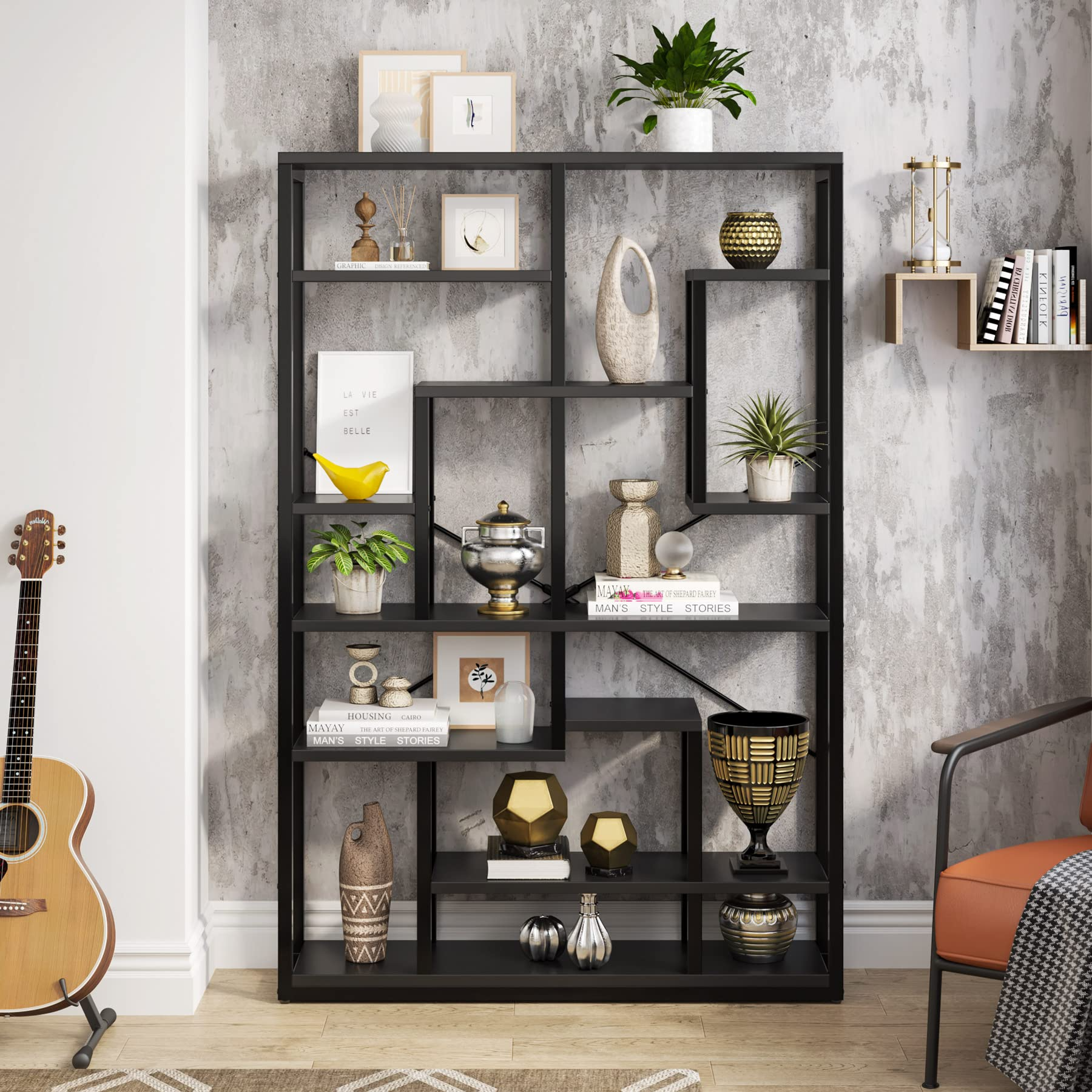 Black Bookshelf 47” Bookcase 9 Tier Tall Book Shelf Rustic Geometric Bookcase Display Shelf Organizer