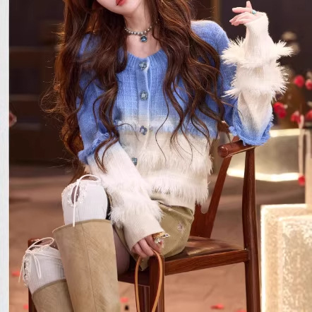 Soft Blue Faux Fur Trim Knit Cardigan