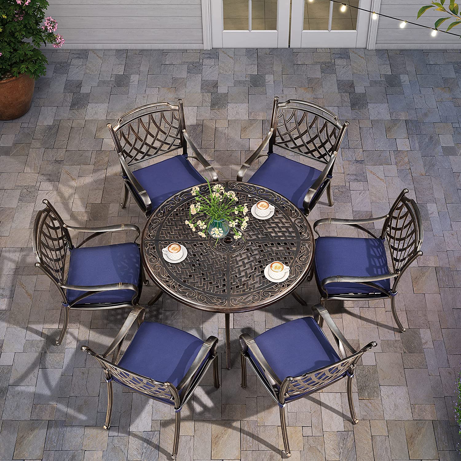 Patio Dining Set Cast Aluminum 7-Pc Furniture Set with Dining Armchairs, Table & Cushions