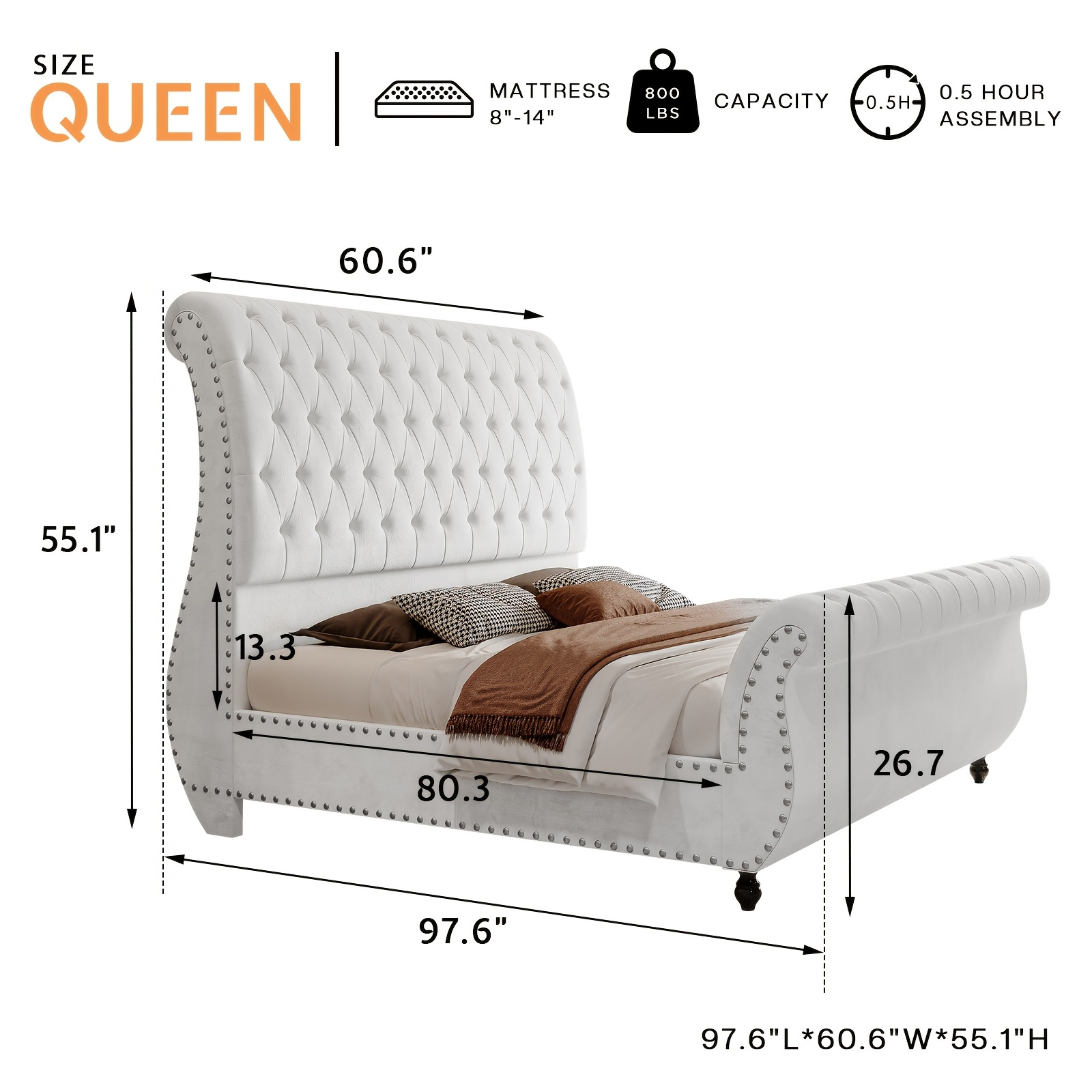 Luxurious velvet upholstered sled bed, featuring an elegant curved headboard and footboard, with a button-tufted base, no box spring required