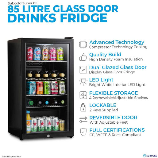 Subcold Super85 LED &ndash; Under-Counter Fridge | 85L Beer, Wine & Drinks Fridge | LED Light + Lock and Key | Energy Efficient (Silver, 85L) [Energy Class E]