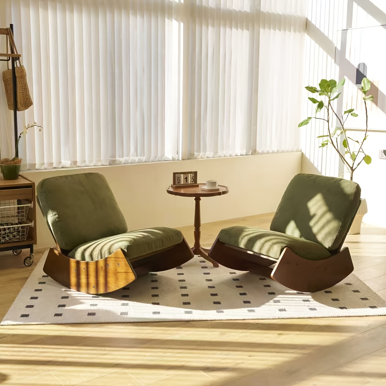 Two-piece high-back Polycor glide rocking chair set| Comfortable single sofa chair, suitable for living room, bedroom, hotel| Made of green polyester and hardwood, manual recliner, can be spot cleaned, open-back design