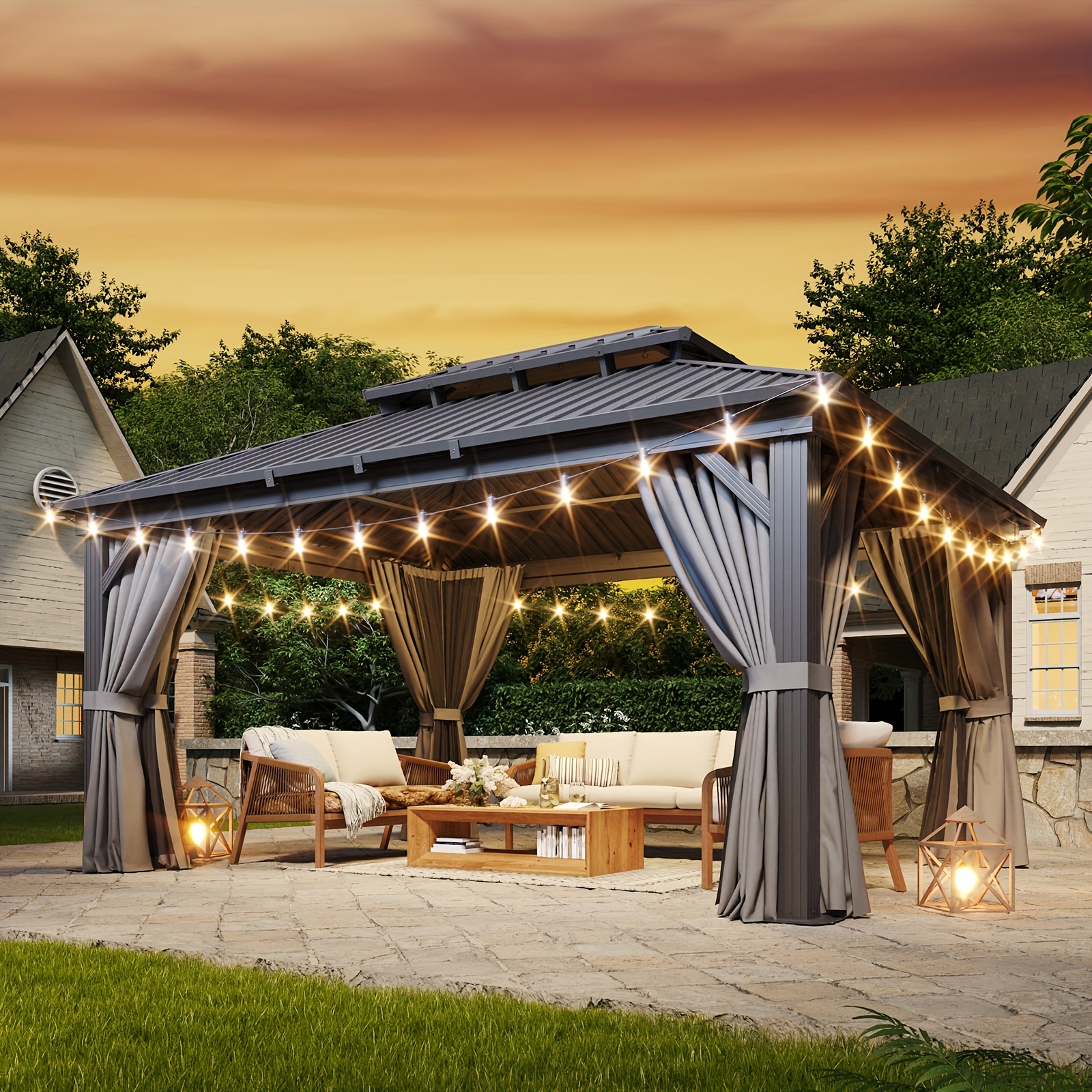 Sonegra 12' X 20'/12' X 16'/12' X 10' Hardtop Gazebo, Double Galvanized Steel Roof - Aluminum Frame Outdoor Gazebo with Mosquito Net and Curtains, Suitable for Patio, Yard, and Deck (Free Shipping)