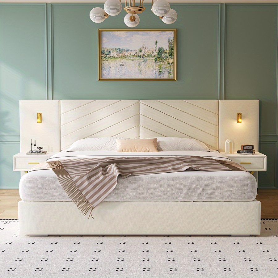 Luxurious double/queen-size bed frame with built-in LED lights and nightstand, double/queen-size platform bed with extra-large upholstered headboard, no mattress support required