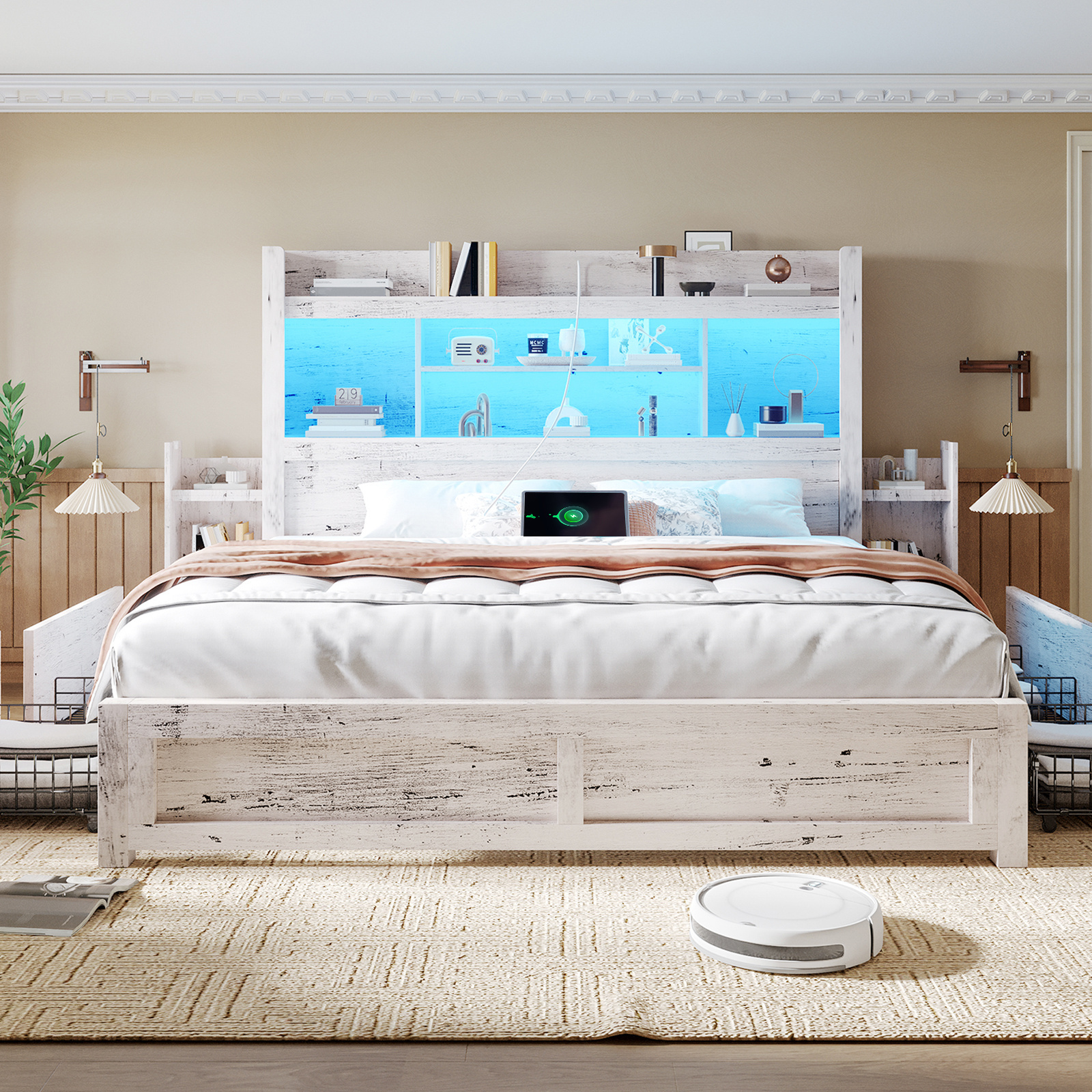 PAPABABE bed frame features a 49.6inch bookshelf headboard, four drawers, and two removable storage shelves - a farmhouse-style wooden bed frame equipped with RGB LED lights and a charging station, no mattress required