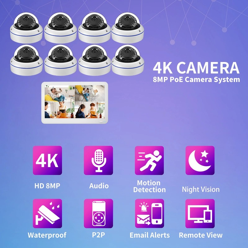 Gadinan 4K 8MP Outdoor Dome IP Cameras System 11.6 Inch POE LCD NVR Screen 2.8mm Lens CCTV Network Video Face Detection Kit XMEy