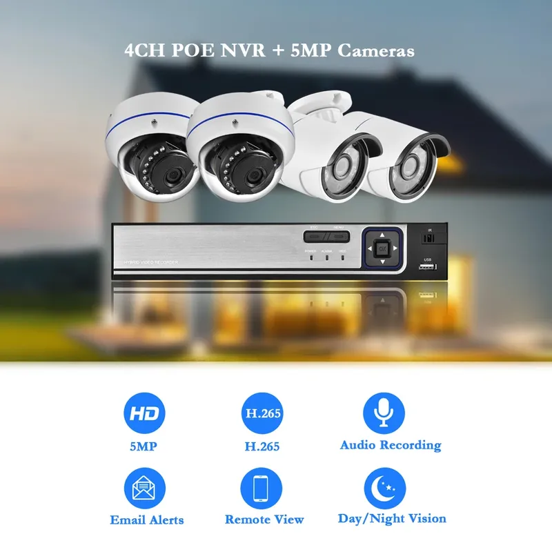 Gadinan 5MP POE NVR CCTV System IP Camera Video Surveillance Kit 2T HD H.265+ Audio Record Home Video Surveillance System