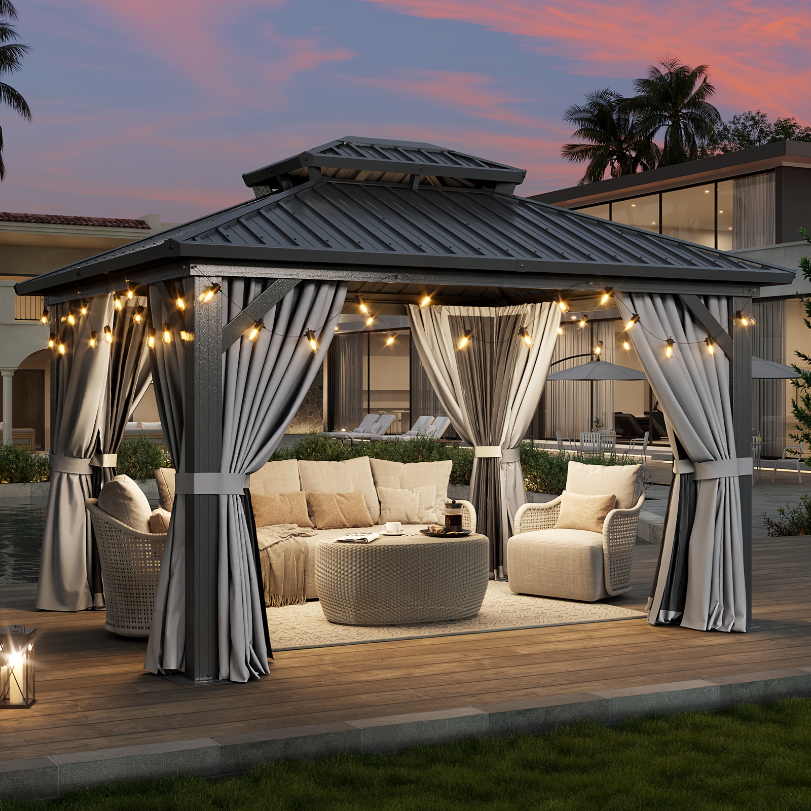 SylvaNest 12'x10' Hardtop Gazebo, Iron Frame Permanent Canopy with Netting and Curtains, Outdoor Gazebo, Outdoor Galvanized Double Roof Awning, Suitable for Patio, Backyard, Terrace (Free Shipping)