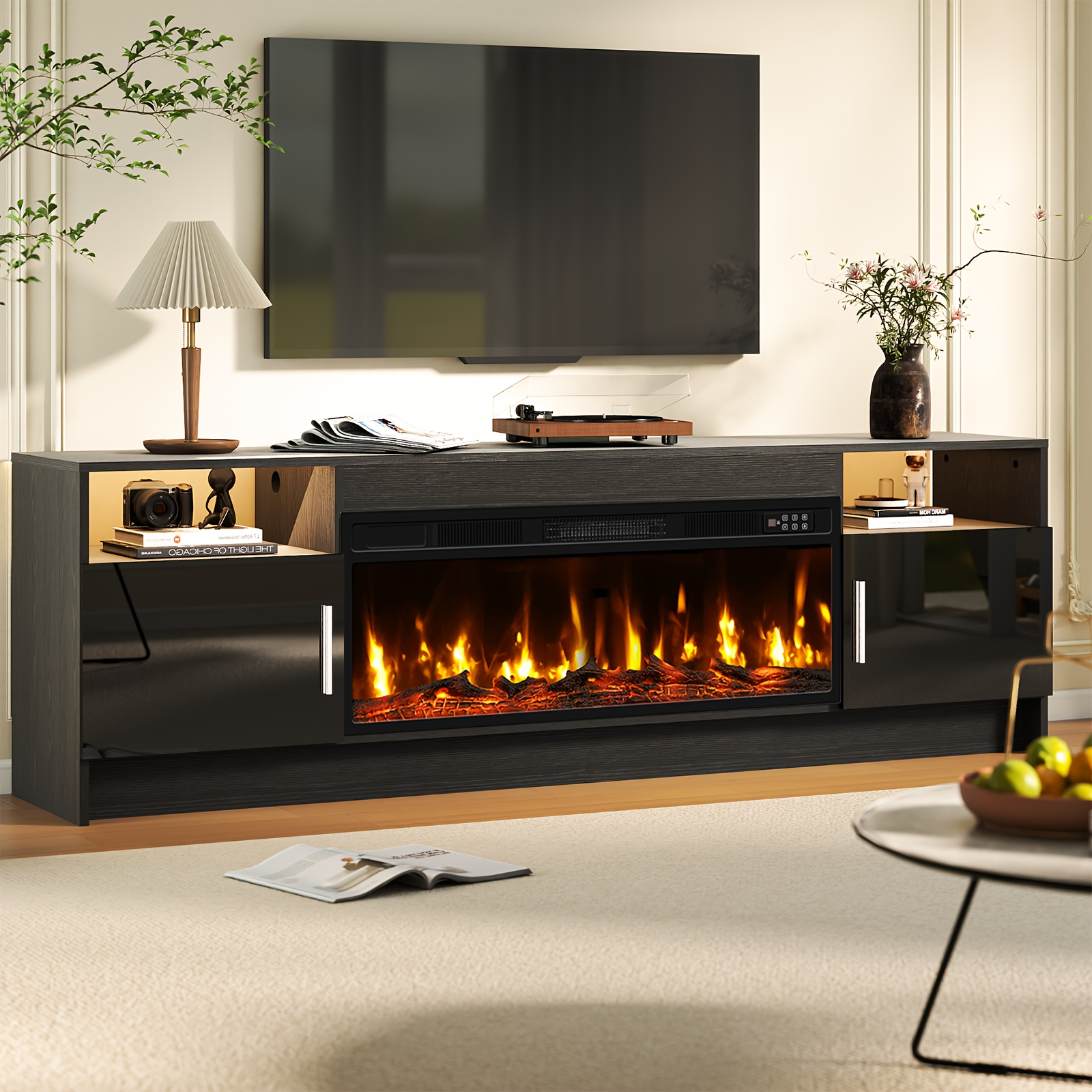 Fireplace TV Stand Entertainment Center with 36inch Fireplace, suitable for TVs up to 80inch, 70inch wooden TV stand with high-gloss storage cabinets and media TV cabinet with 20-color LED lights