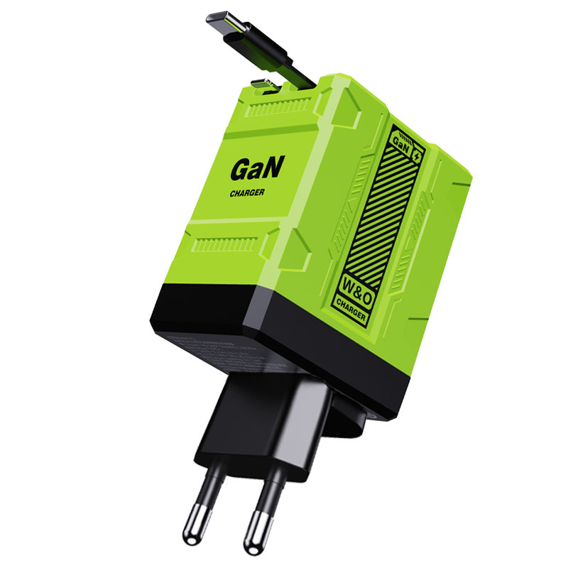 EU specification 20W GaN Fast Charger with Built-In Retractable Cable, 2-in-1 Foldable Wall Charger, Dual Port Type-C & Lightning for iPhone, Samsung, MacBook, iPad, Travel Portable Power Adapter