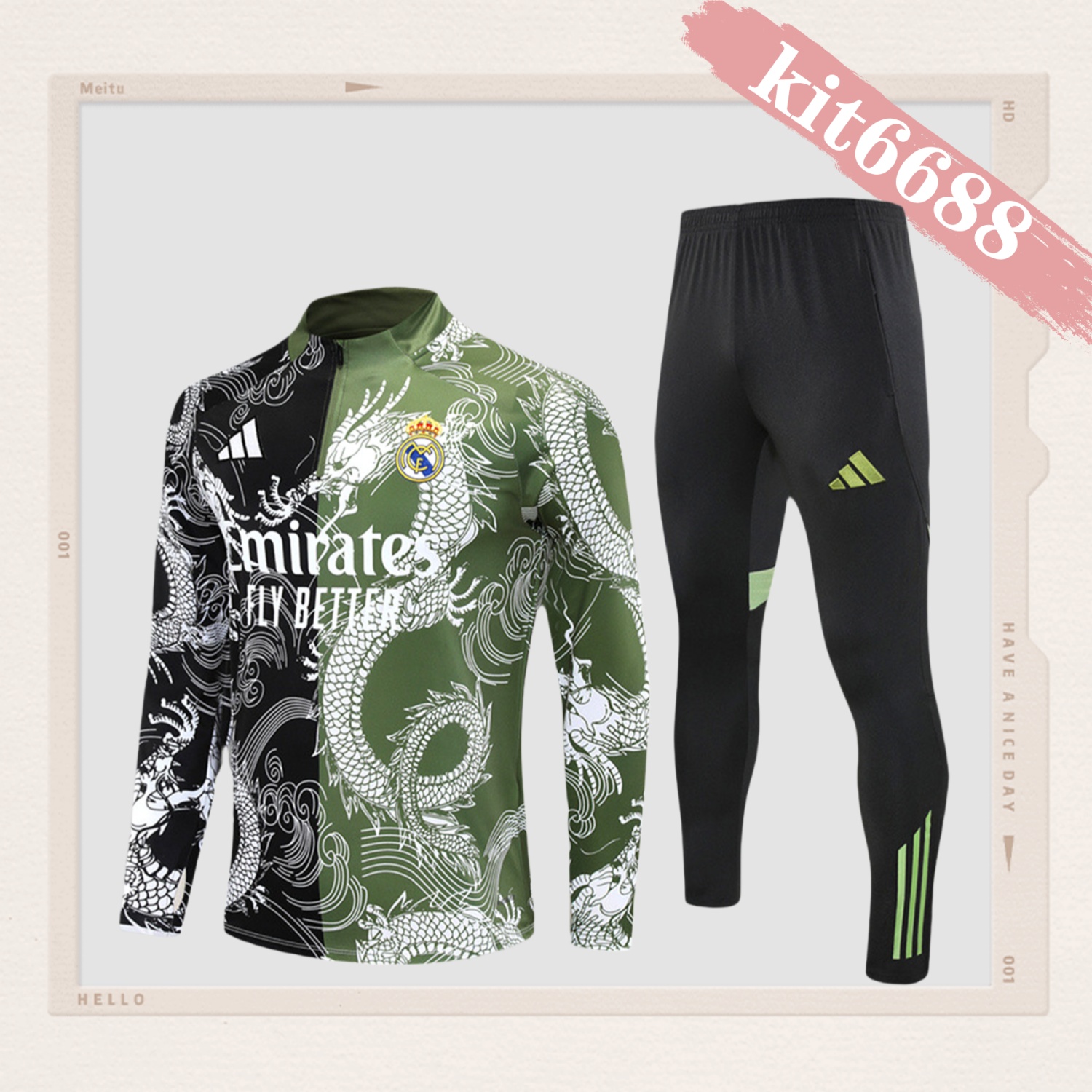 2024/2025 Real Madrid Black Green Half Zip Training Kit - Kids (Kids Kit)