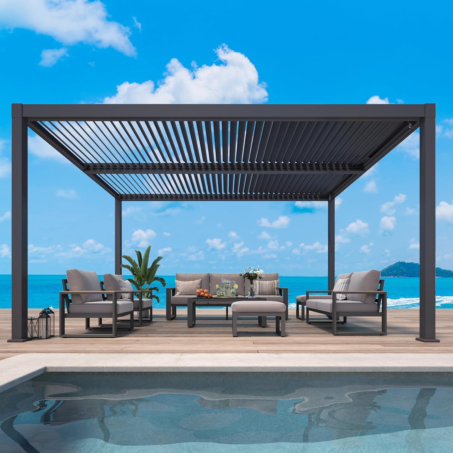 Adjustable louvered shed, available in sizes 10'X12', 12'X16', 12'X20', and 13'X20', made of heavy-duty aluminum.This metal hardtop canopy features an adjustable roof and is suitable for patios, decks, gardens, and yards. It comes in dark gray color.