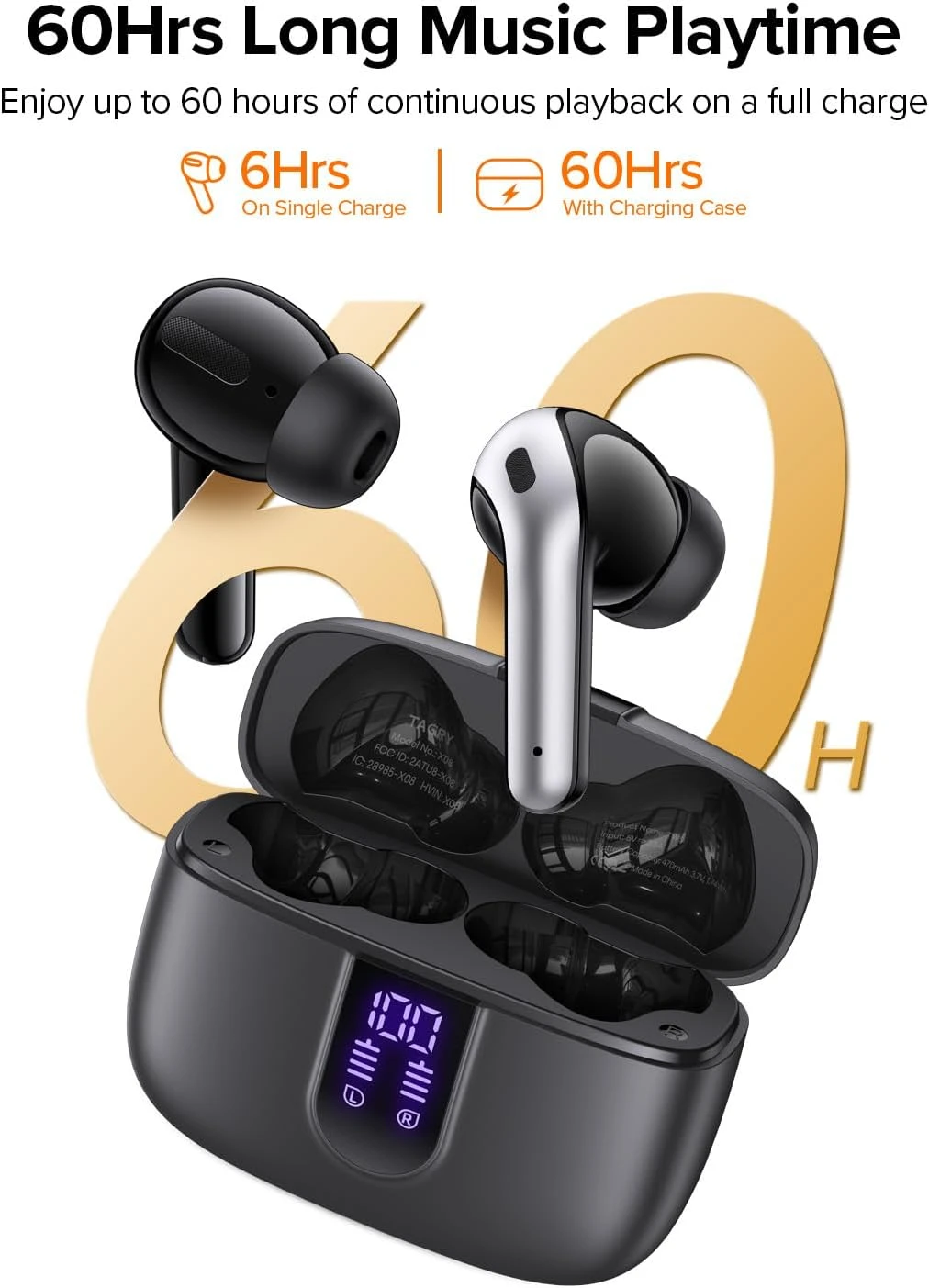 TAGRY True Wireless Bluetooth Earbuds, 60H Playtime LED Digital Power Display Earphones, IPX5 Waterproof In-Ear Earbuds with Microphone