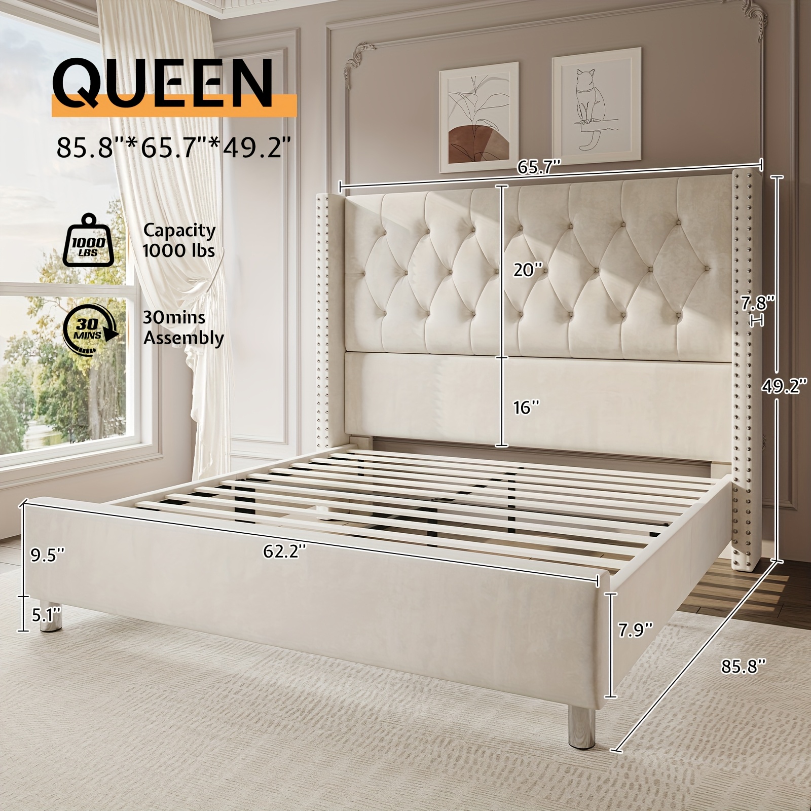 Papajet velvet headboard bed frame, with wing-style headboard, no box mattress required