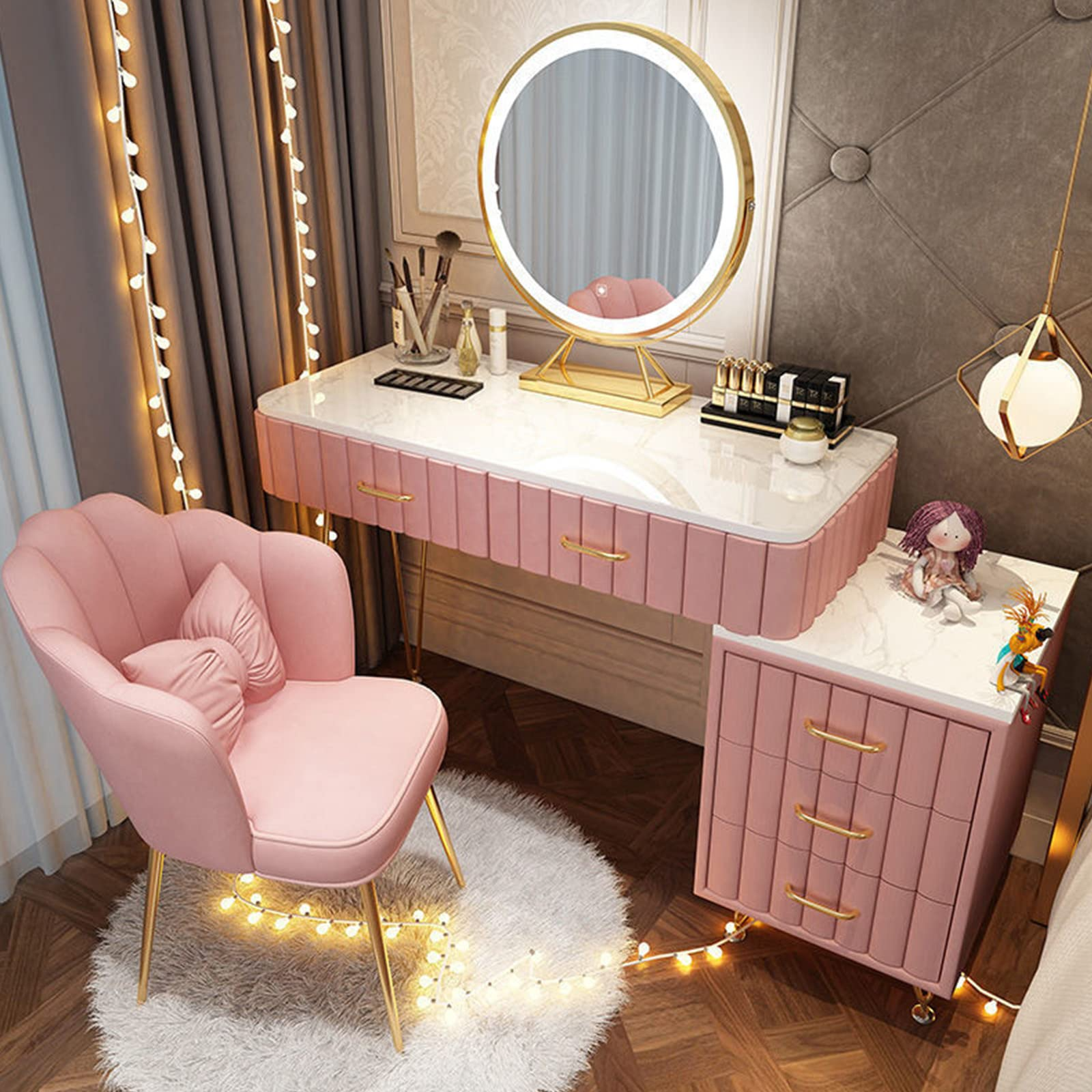 Marble Dresser Set with Illuminated LED Touch Screen Dimmable Round Mirror Makeup Cabinet