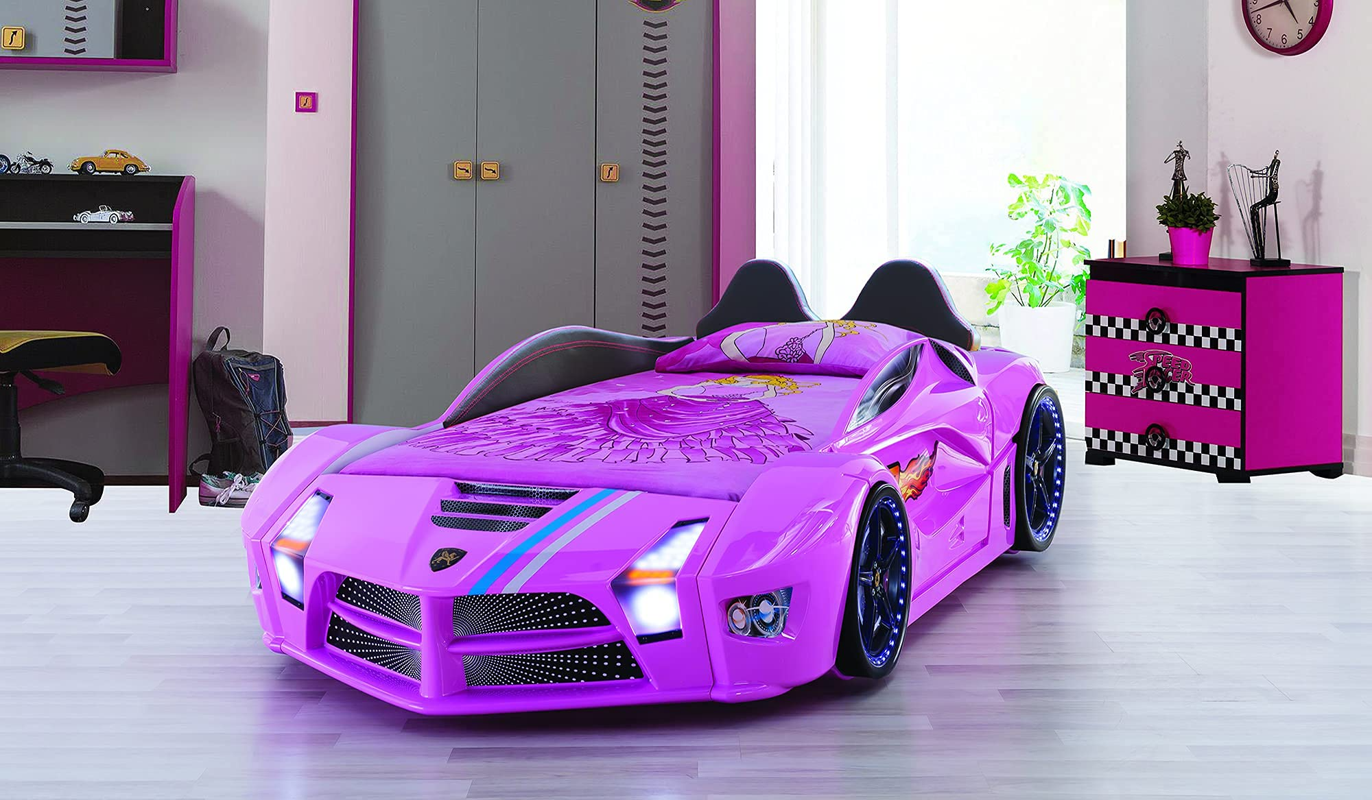Racing Car Bed for Kids - Kids Car Bed with Led Lights, Single Race Car Bed with Leather Cushioning