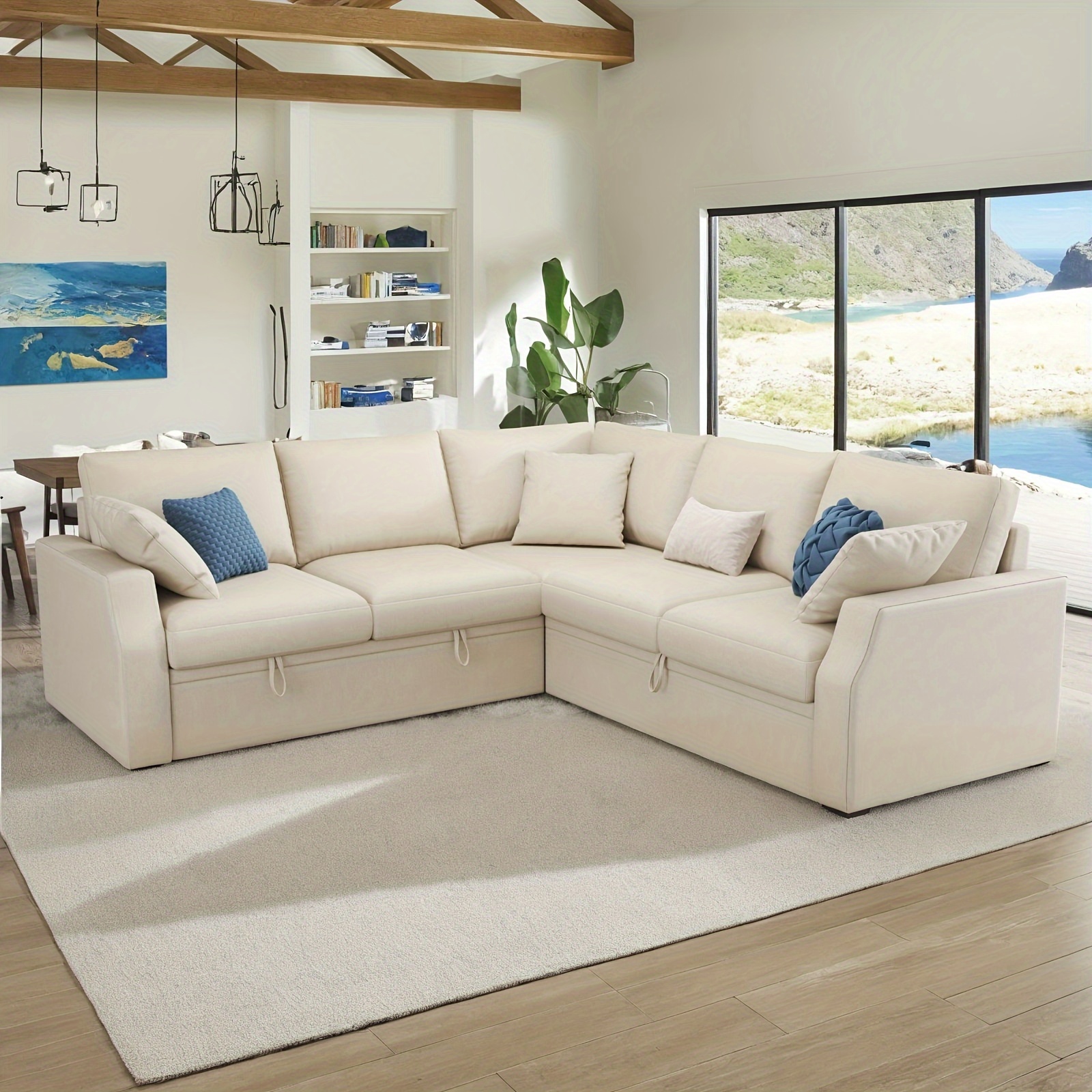 L-shaped sofa bed with pull-out mattress and storage seat, linen fabric corner combination sofa, suitable for living rooms and apartments