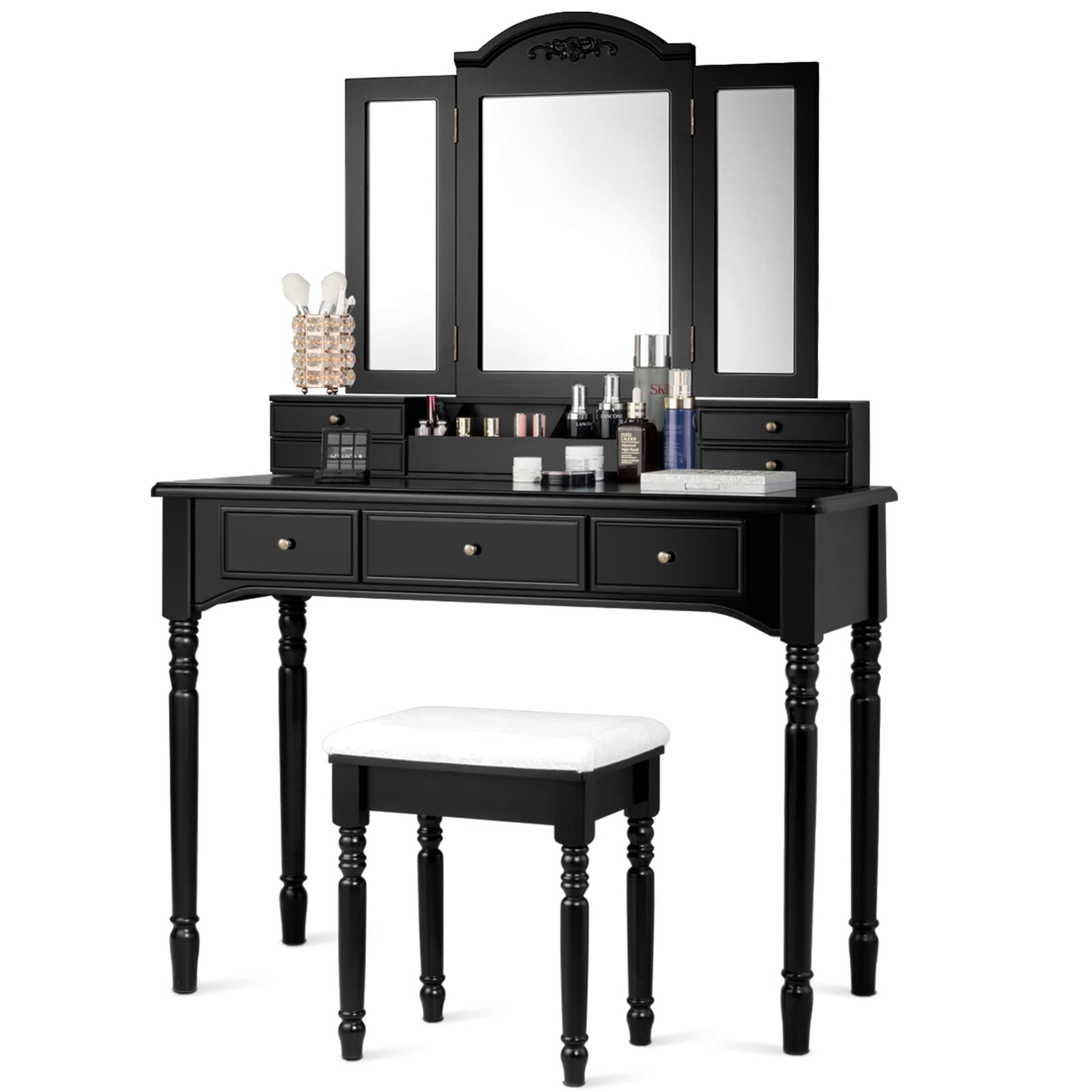 Vanity Desk Set, Dressing Table with Trifold Mirror, 8 Necklace Hooks, 7 Drawers