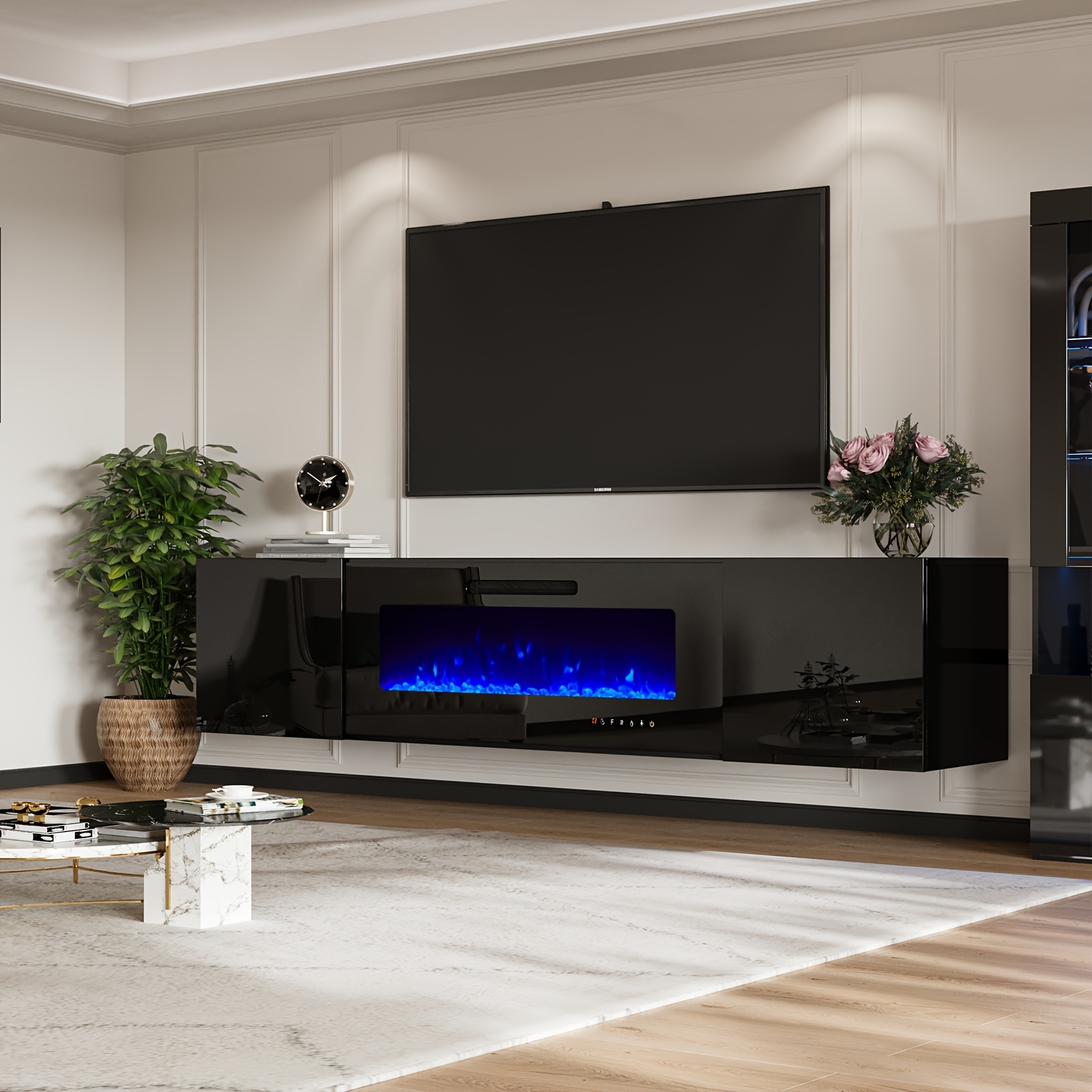 Wall-mounted entertainment center featuring a floating TV stand and electric fireplace design, with high-gloss finish, suitable for TVs up to 78inch, 80inch or 90inch