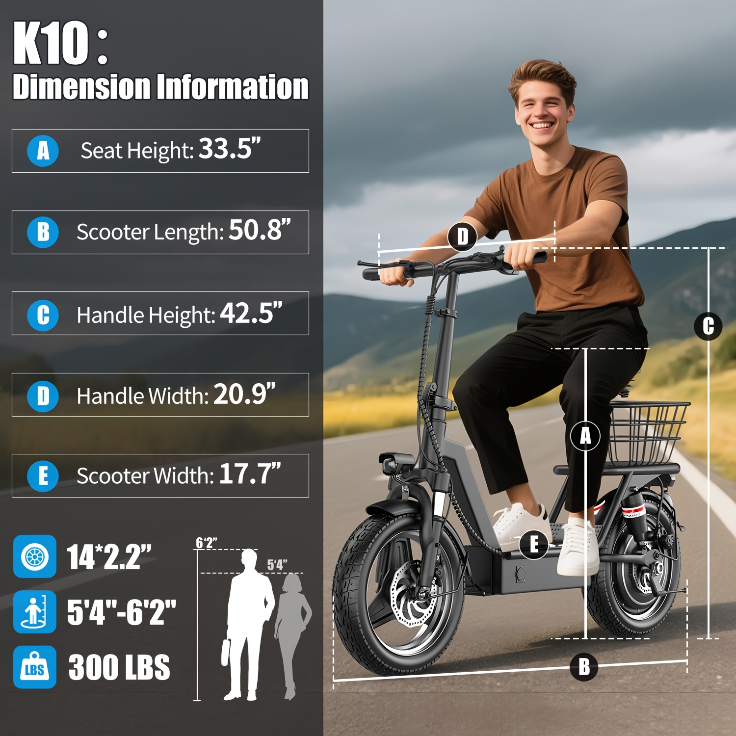 Electric scooter with seat, 25-mile long range and a top speed of 19.9 mph, 14inch inflatable tires, height-adjustable seat and handlebars, dual suspension commuter scooter with basket