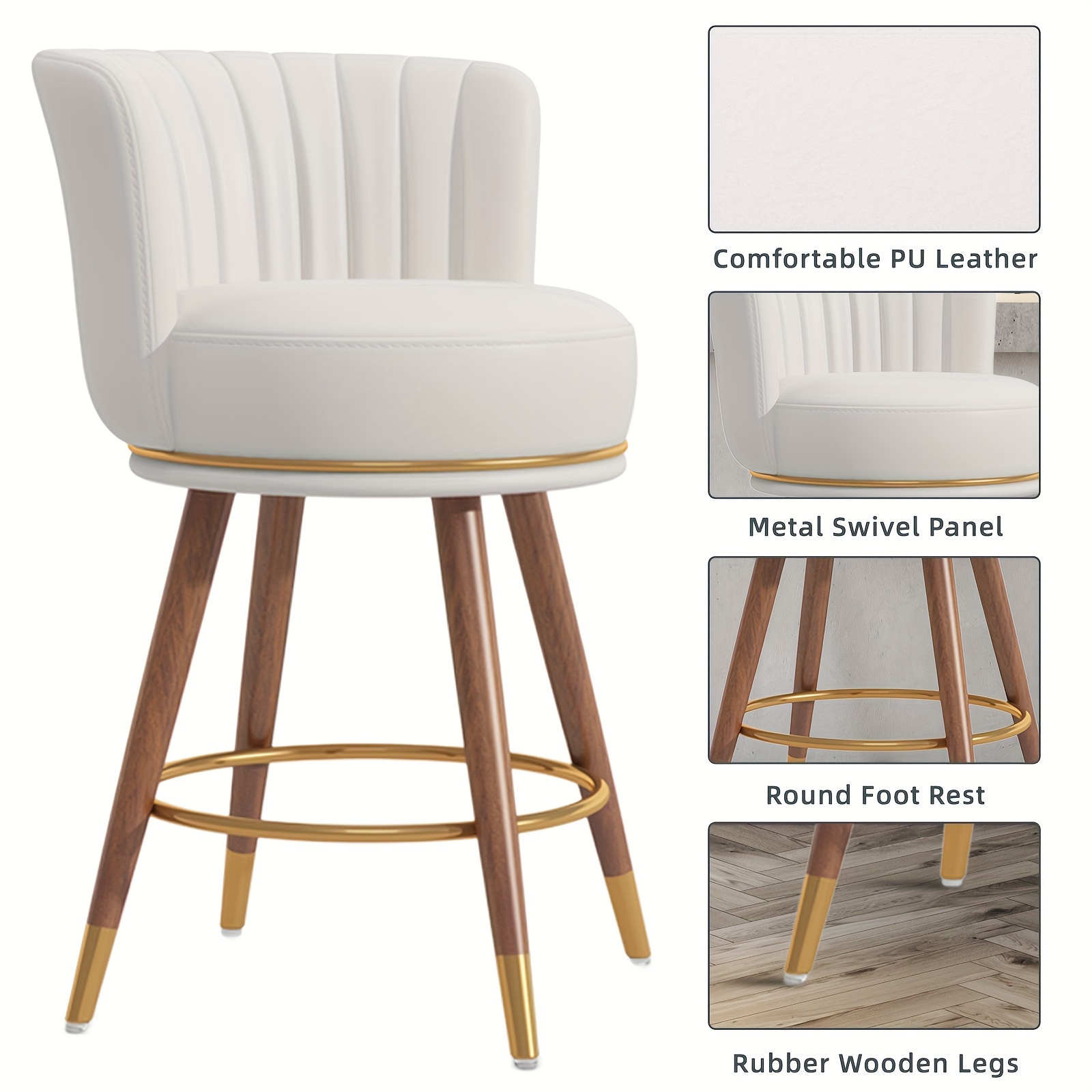 Junius 4-piece set of swivel bar stools, 26inch high stools with backrest, 360-degree rotating wooden leg bar chairs, white cushioned kitchen island stools, weight capacity 300 pounds
