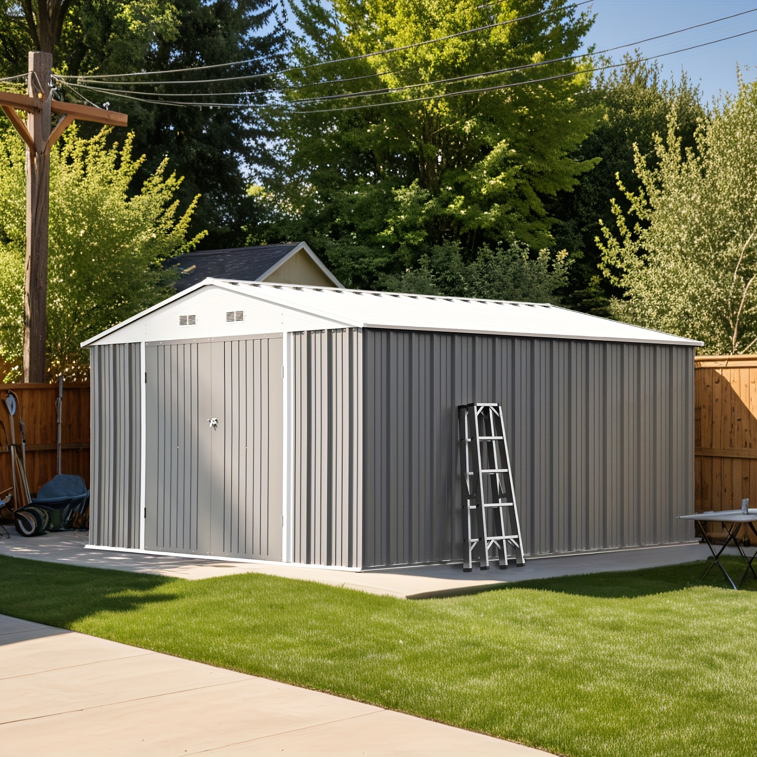 GUNJI 10X12 ft small house, ready to move in, outdoor storage shed with lockable doors and a sloping roof, metal garden tool shed, suitable for backyard, patio, poolside, free shipping