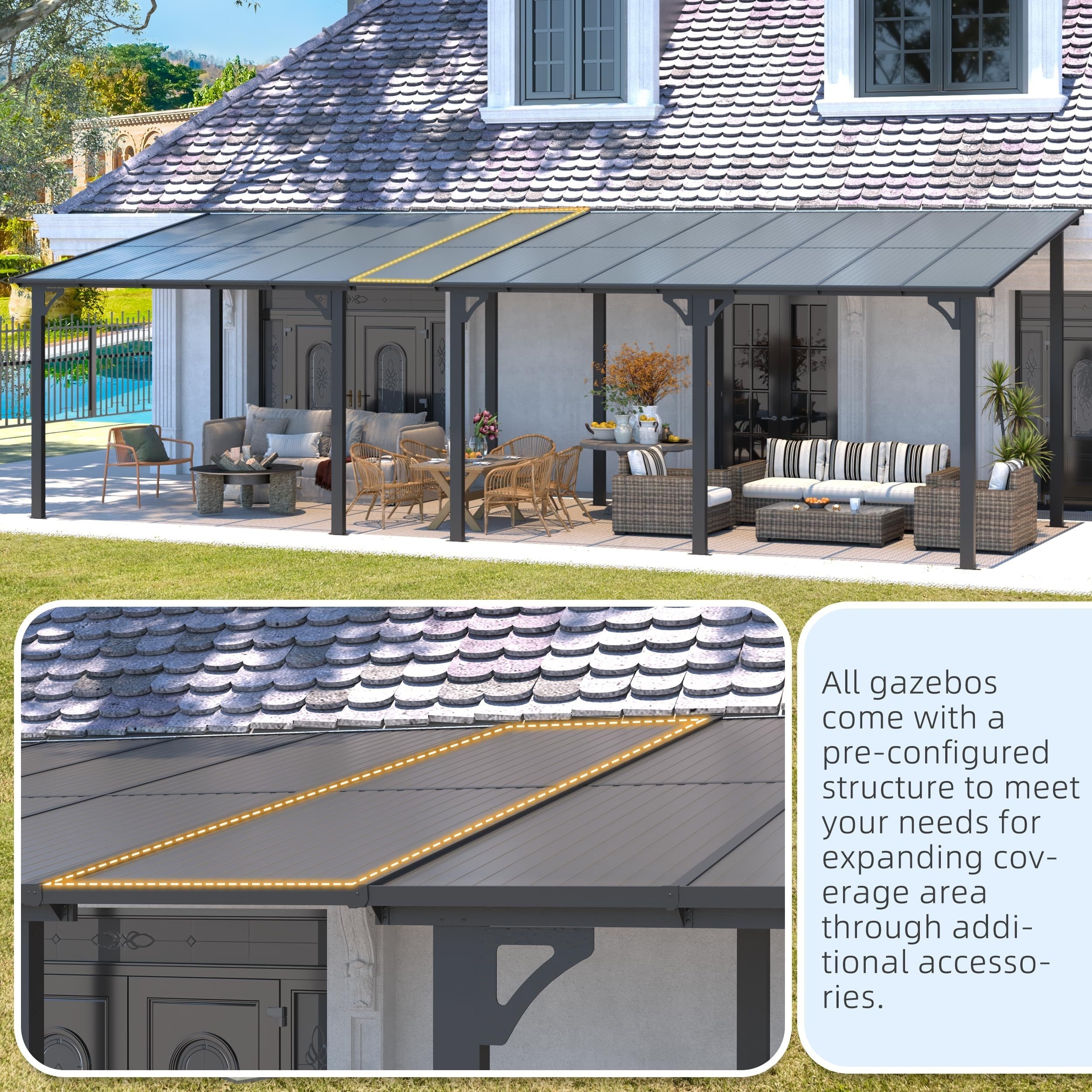 16' x 8' patio outdoor pergola, hard-top slanted to 8x16 gazebo canopy and gazebo gap, with patio roof, large wall-mounted heavy-duty awning, suitable for patio, deck, backyard