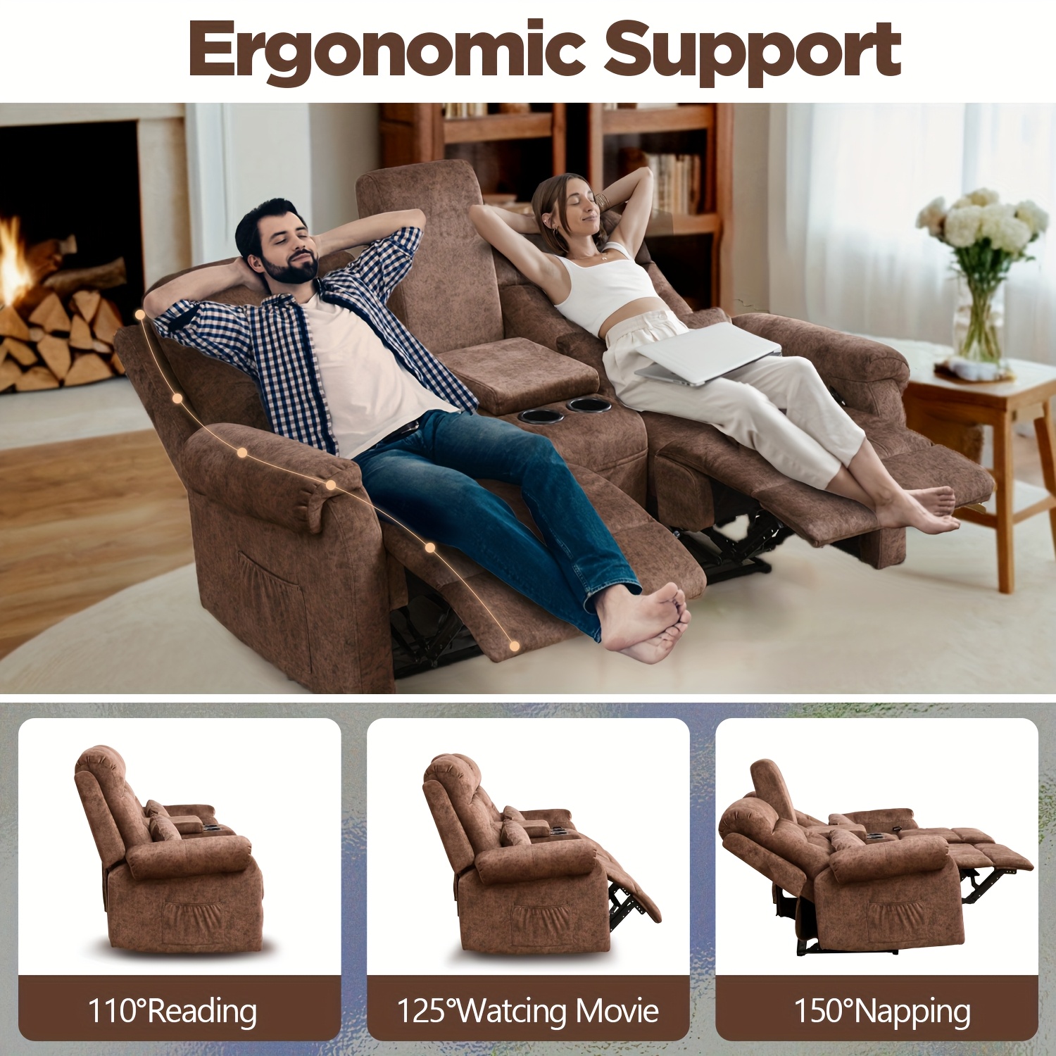VUYUYU Manual RV Love Seat Sofa Chair| Brown velvet cushion back sofa, with console, cup holder, pockets, suitable for living room and home theater seating, metal frame, modern style