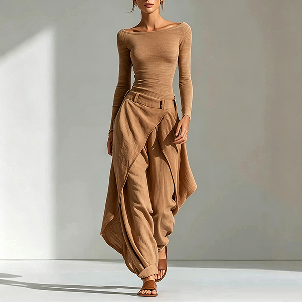 OFF-SHOULDER TOP EN ASYMMETRISCHE WIJDE PIJPEN  SET