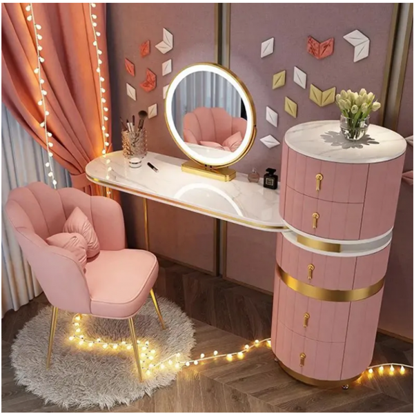 Dressing Table Set with Round Mirror 2 Large Drawers with Round Sliding Rails Padded Stool