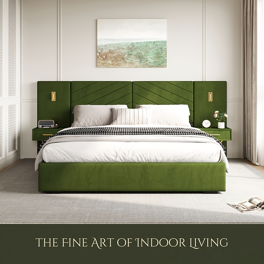 Luxurious double/queen-size bed frame with built-in LED lights and nightstand, double/queen-size platform bed with extra-large upholstered headboard, no mattress support required