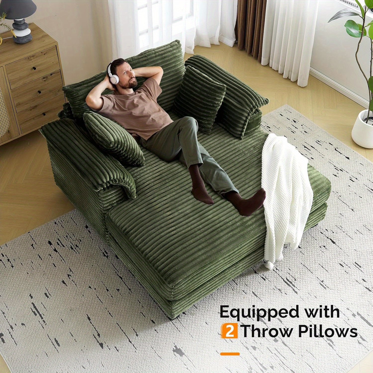 Motors 56inch Extra-Large Sofa Bed, Corduroy Recliner with Pillow and Armrests, Comfortable Cushioned Sleeping and Reading Chair, Suitable for Living Room, Bedroom, and Media Room