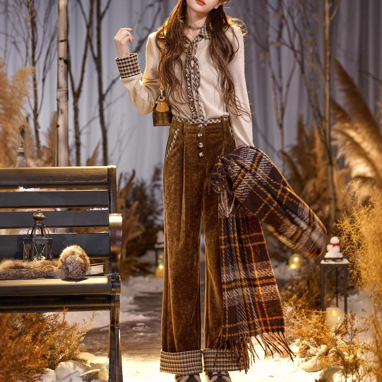 Vintage High-Waist Velvet Straight-Leg Pants