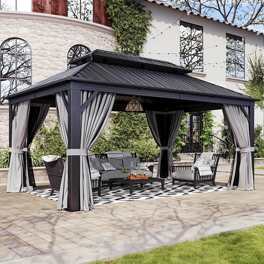 Set, Hardtop Gazebo, 12' x 16' Outdoor Gazebo with Netting and Curtains, Galvanized Steel Double Roof Permanent Aluminum Gazebo for Garden, Deck, Patio, Party