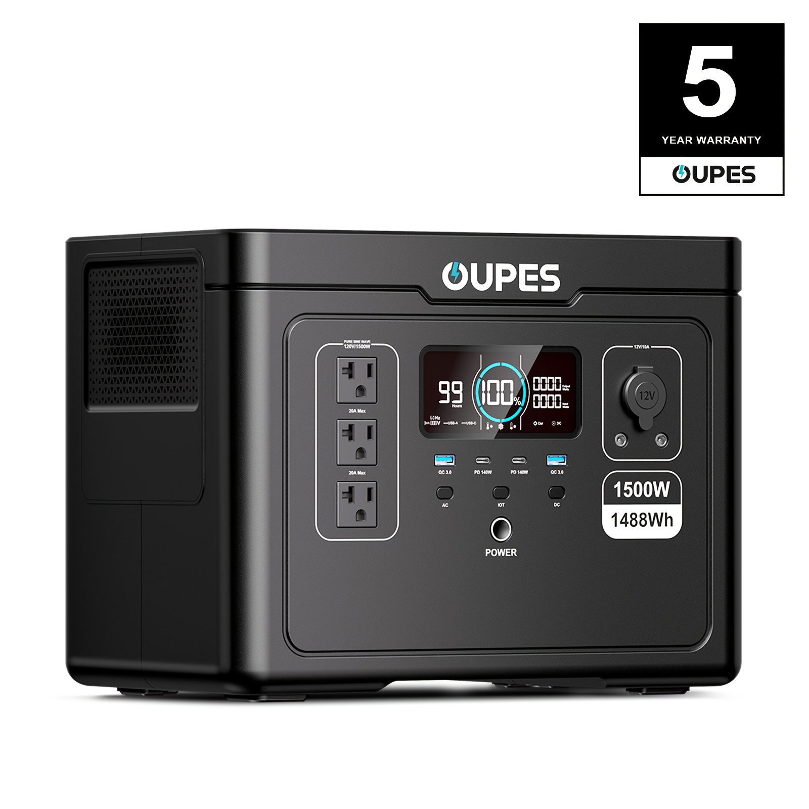 OUPES 1500W 1488Wh Mobile Power Station Exodus 1500, lithium iron phosphate battery, 1500W AC (3600W surge protection)/140W USB-C output, APP control, solar generator, suitable for home backup power, camping, and RV use