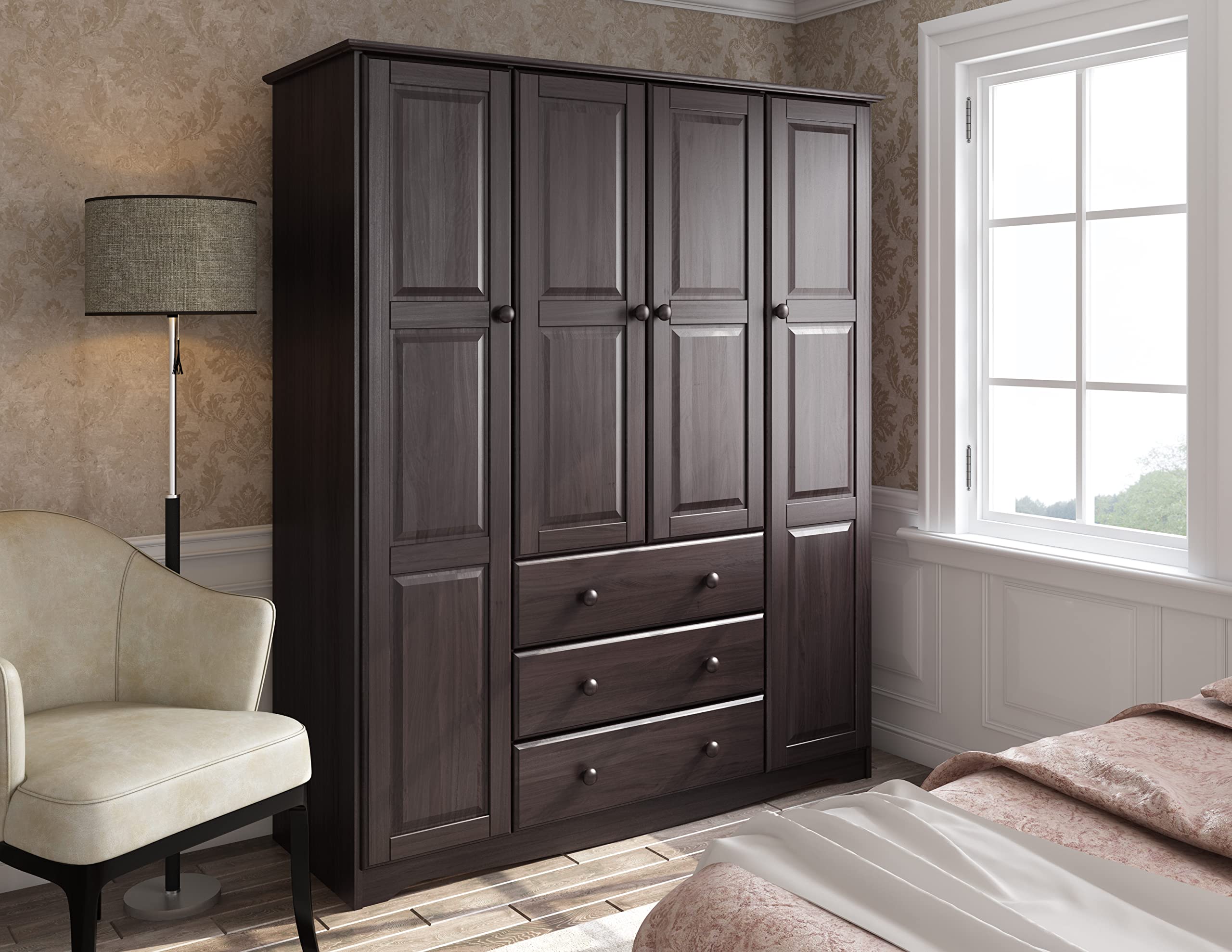 100% Solid Wood Family Wardrobe/Armoire/Closet, Java. 3 Clothing Rods Included