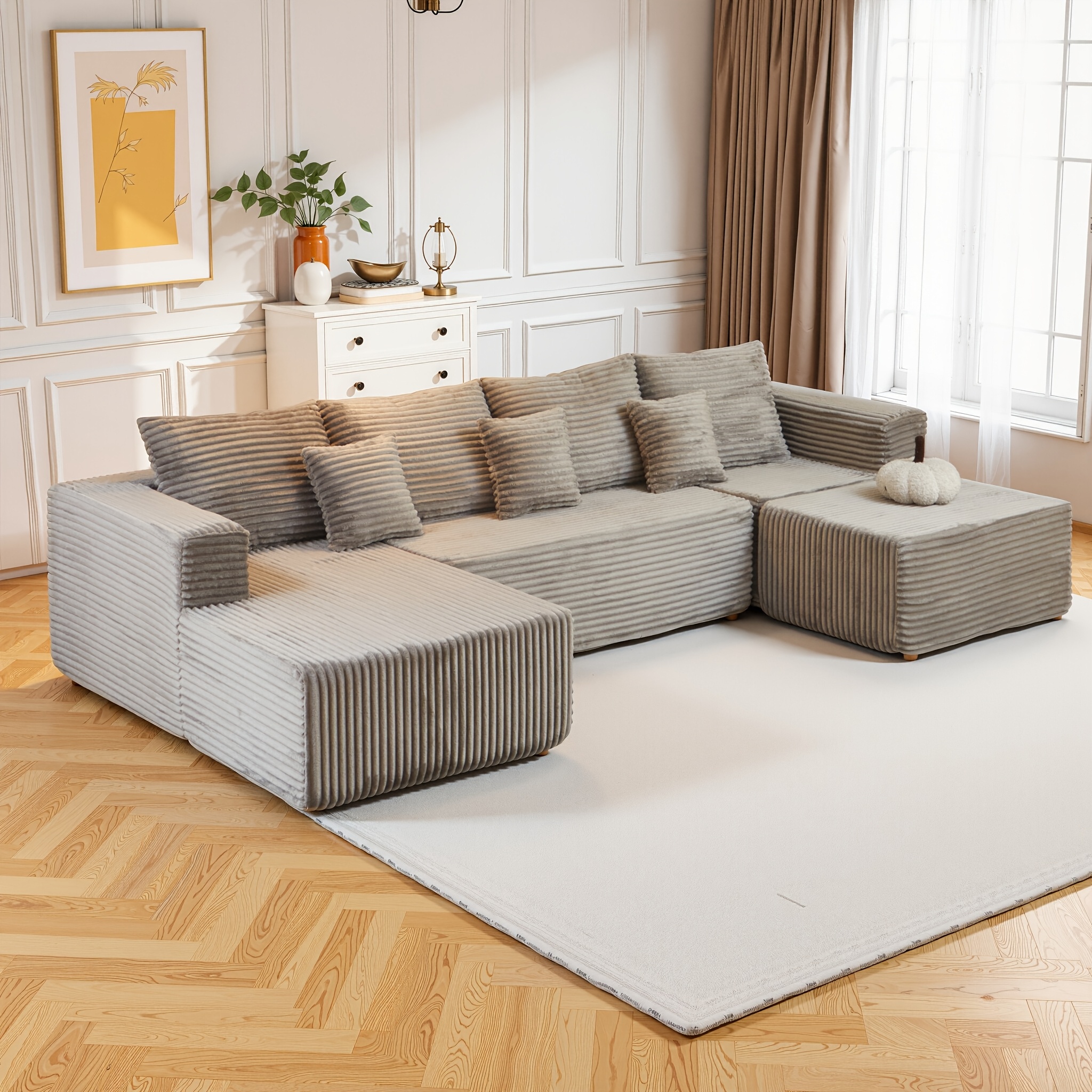 Large modular cloud sofa.Modular corduroy sofa bed, deep seat.U-shaped frameless sofa, suitable for living rooms, apartments, and bedrooms, no assembly required
