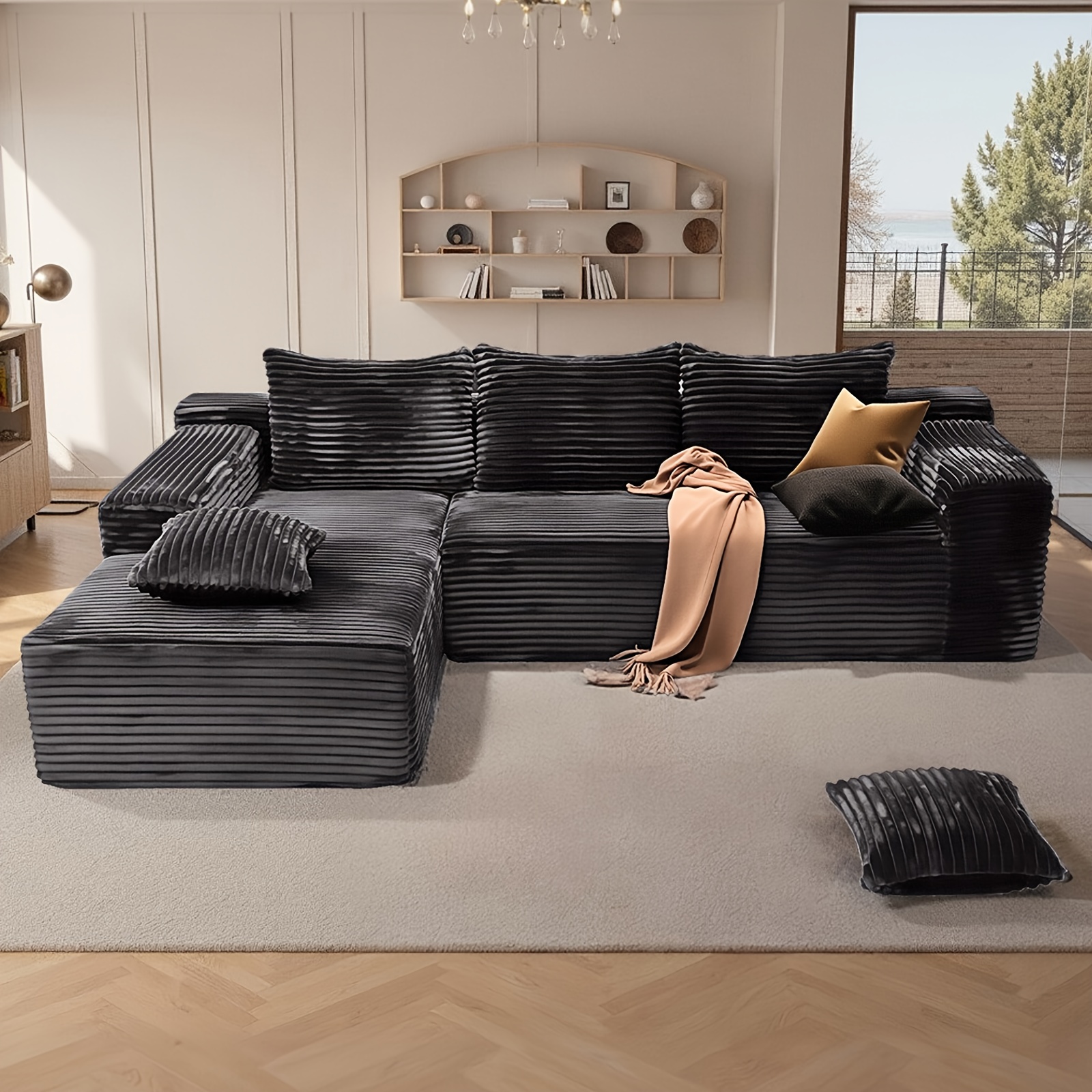 Modern chenille soft cushion modular sofa set, modular L-shaped sectional living room sofa set, free combination sofa for living room and lounge (with side chaise lounge)
