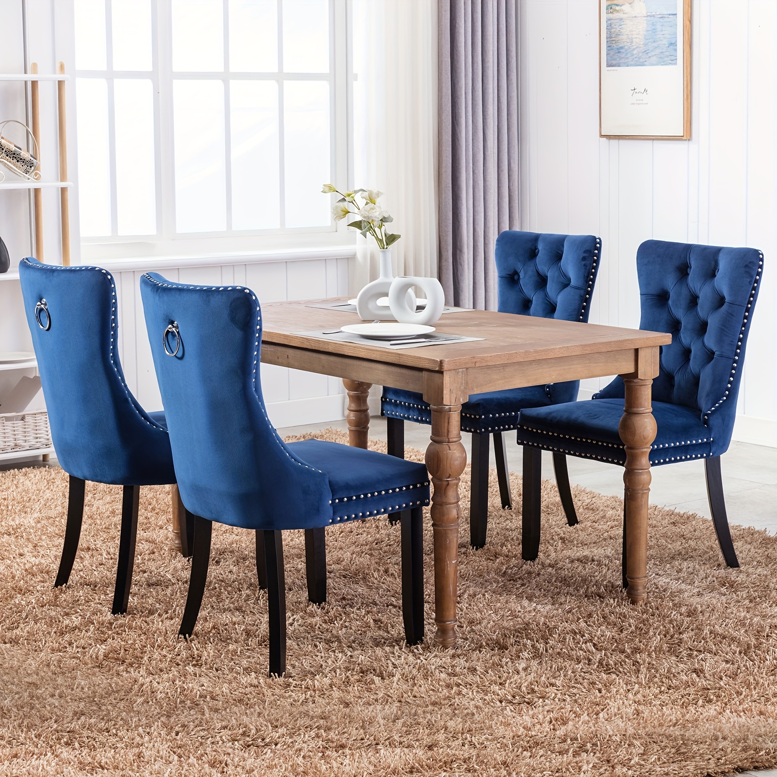 4-piece set of upholstered dining chairs, velvet chairs with button decoration, sturdy wooden legs, modern-style fabric side chairs, suitable for dining areas in restaurants, kitchens, dining rooms, and hotels