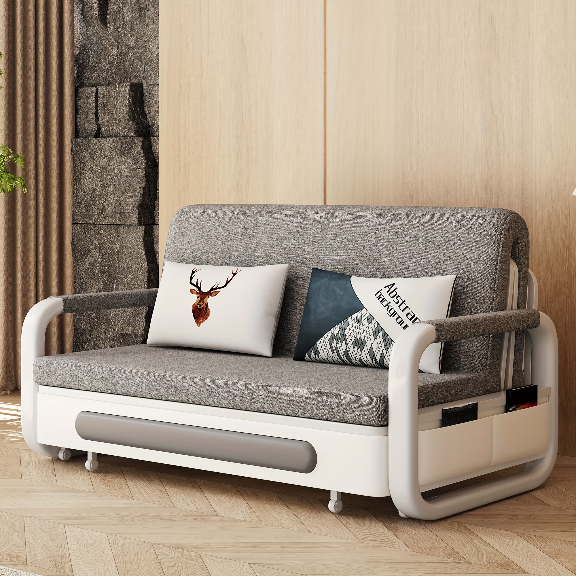 3-in-1 multifunctional sofa bed, with wooden storage cabinet, pull-out sleeper chair, home-use extendable double sofa, linen fabric two-seater bed, space-saving convertible futon for small apartments, suitable for living room or bedroom