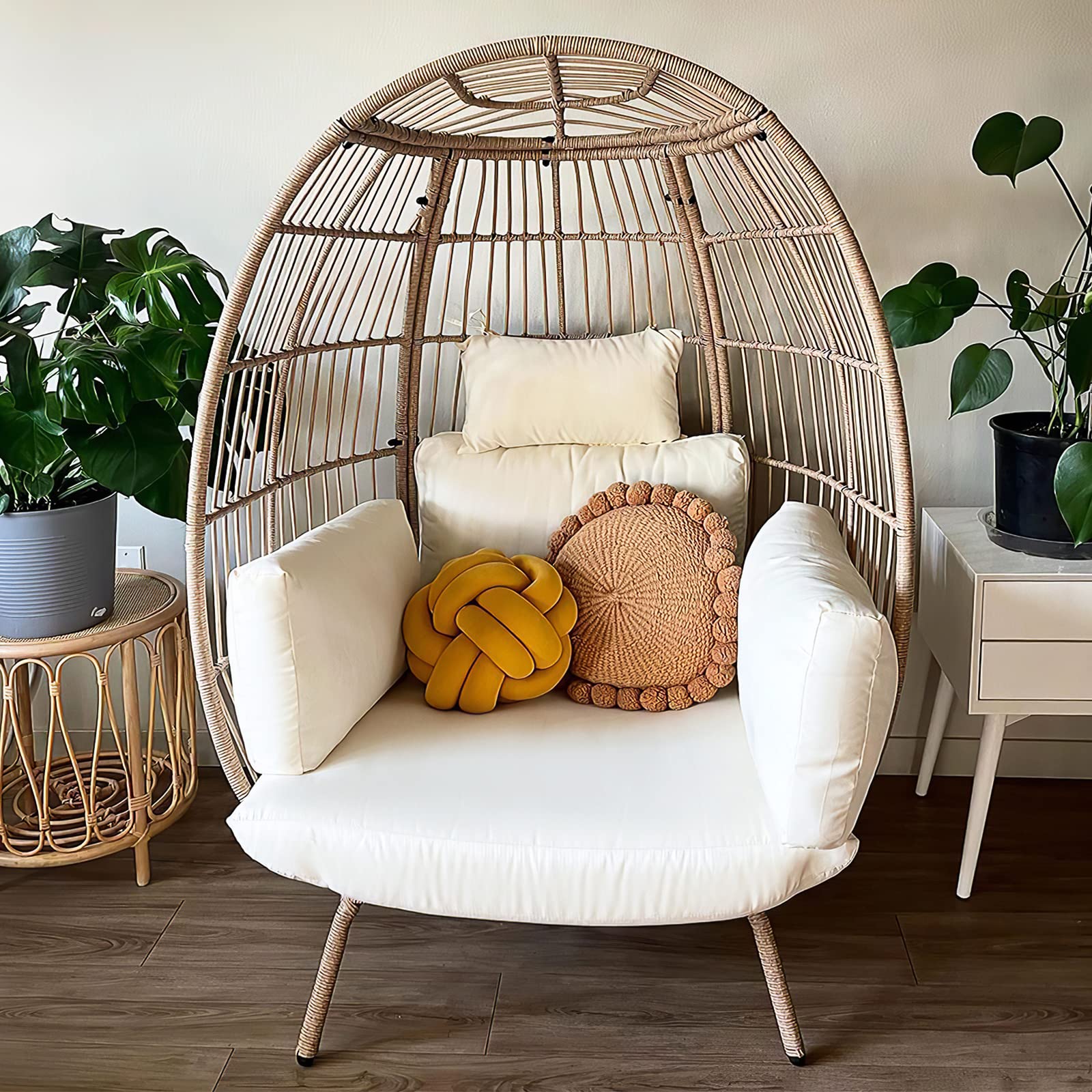 Wicker Egg Chair Outdoor Indoor Oversized Lounger with Stand and Cushions Egg Basket Chair